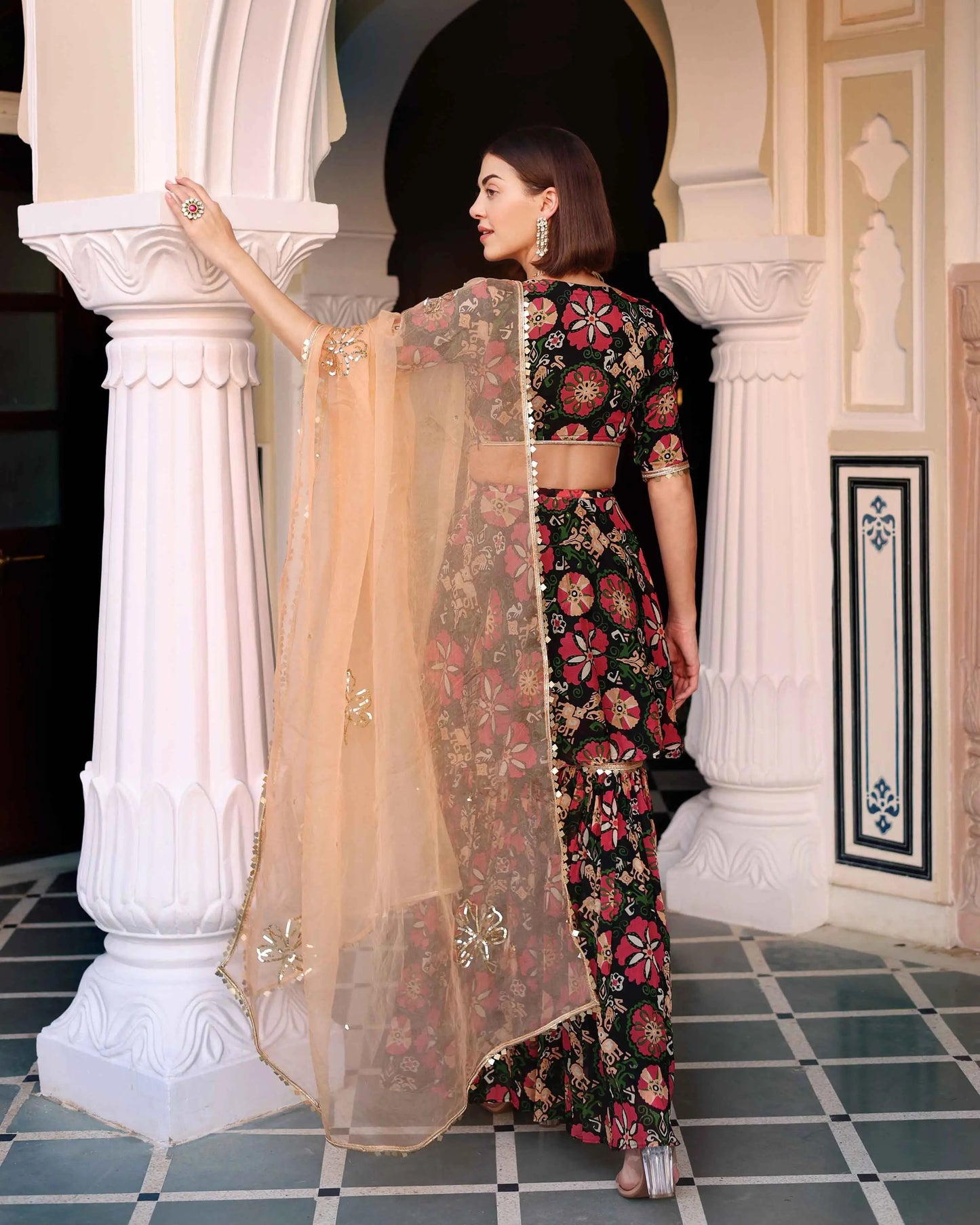 Black Orchid Bouquet Printed Chinon Sharara Set My Store