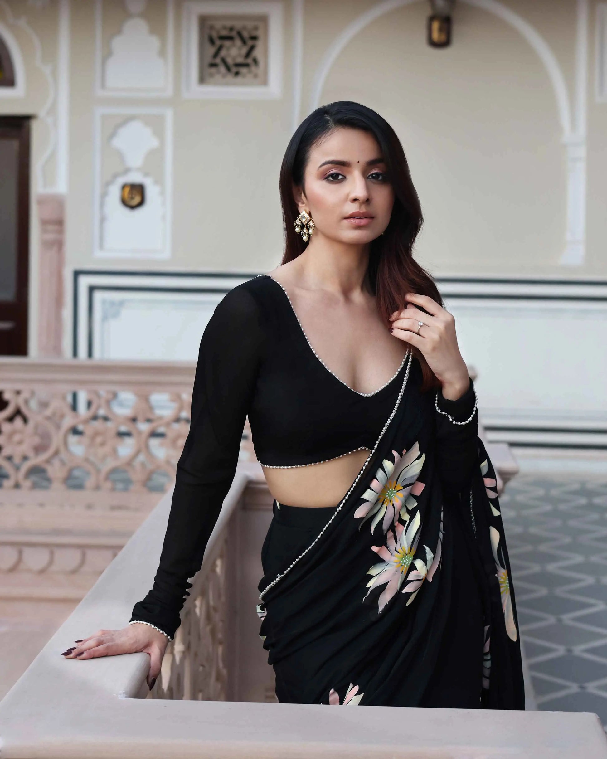 Kiyana Black Handpainted Chinon Pre Draped Saree My Store