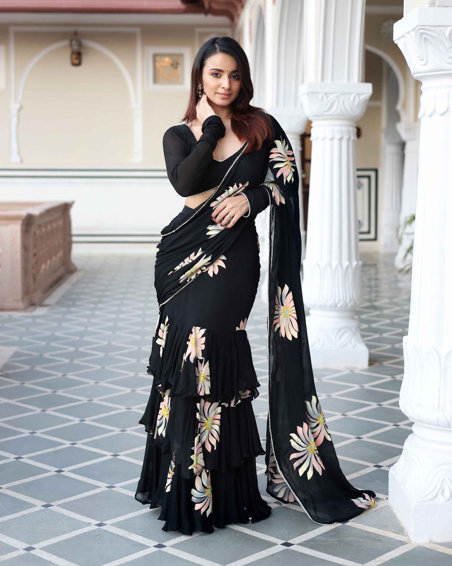 Kiyana Black Handpainted Chinon Pre Draped Saree Quick Cart