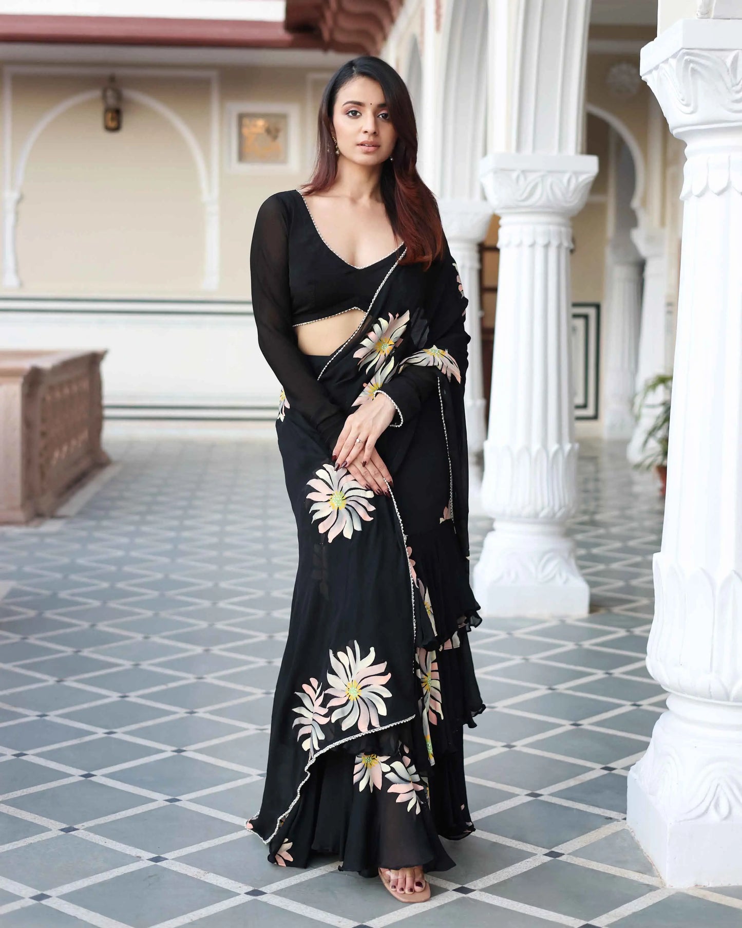 Kiyana Black Handpainted Chinon Pre Draped Saree My Store