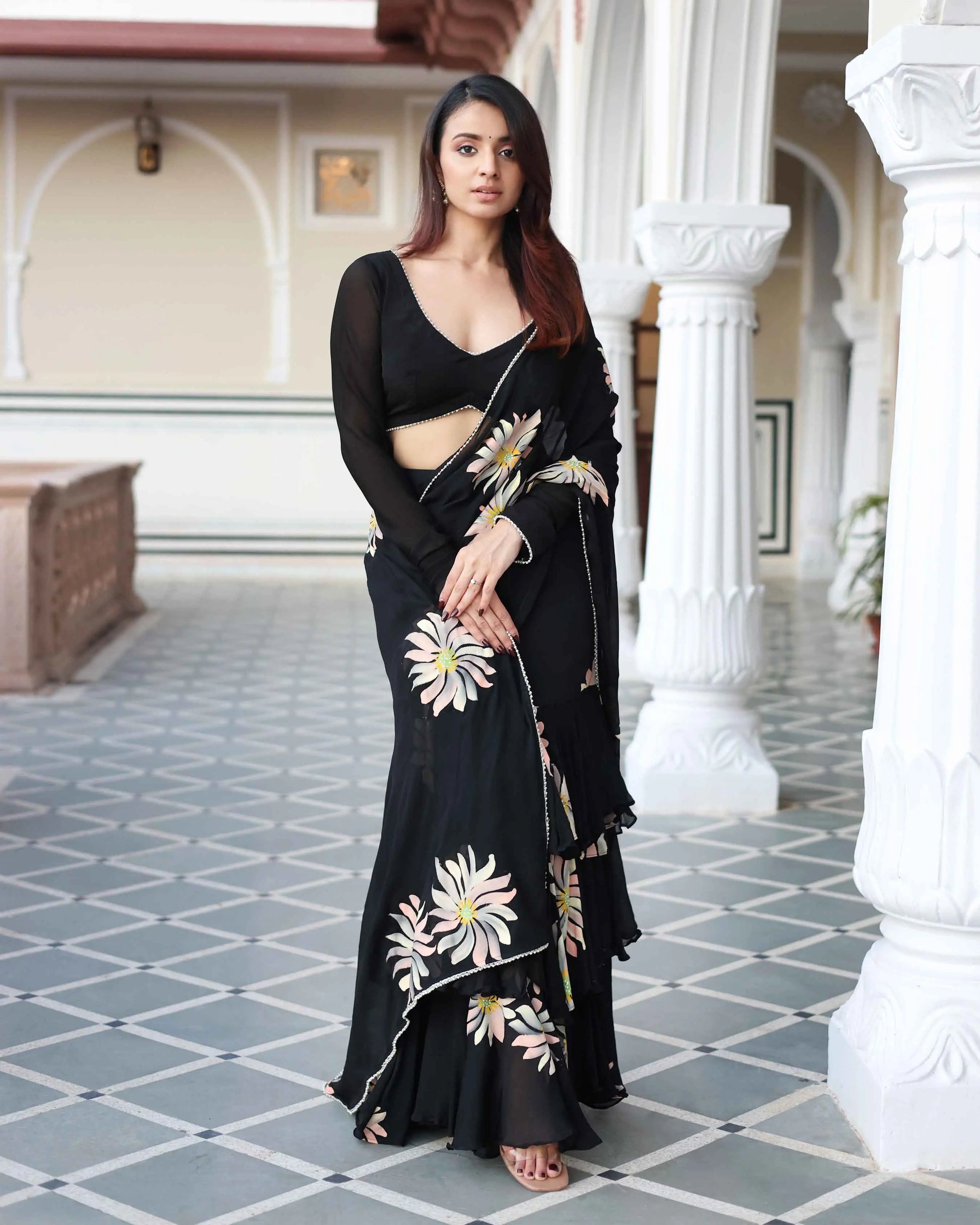 Kiyana Black Handpainted Chinon Pre Draped Saree My Store