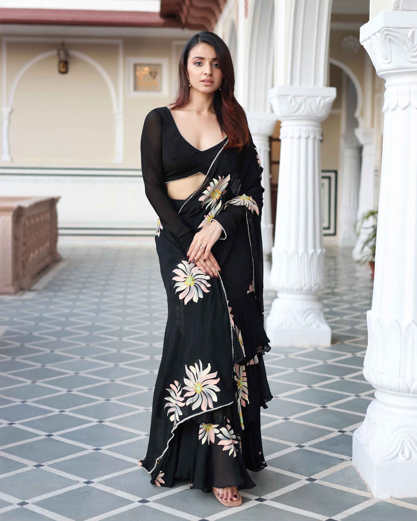 Kiyana Black Handpainted Chinon Pre Draped Saree Quick Cart
