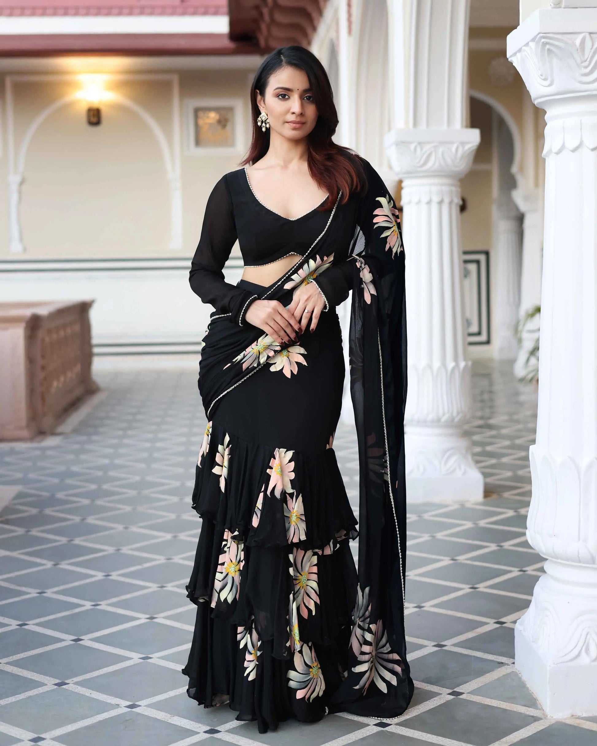 Kiyana Black Handpainted Chinon Pre Draped Saree My Store