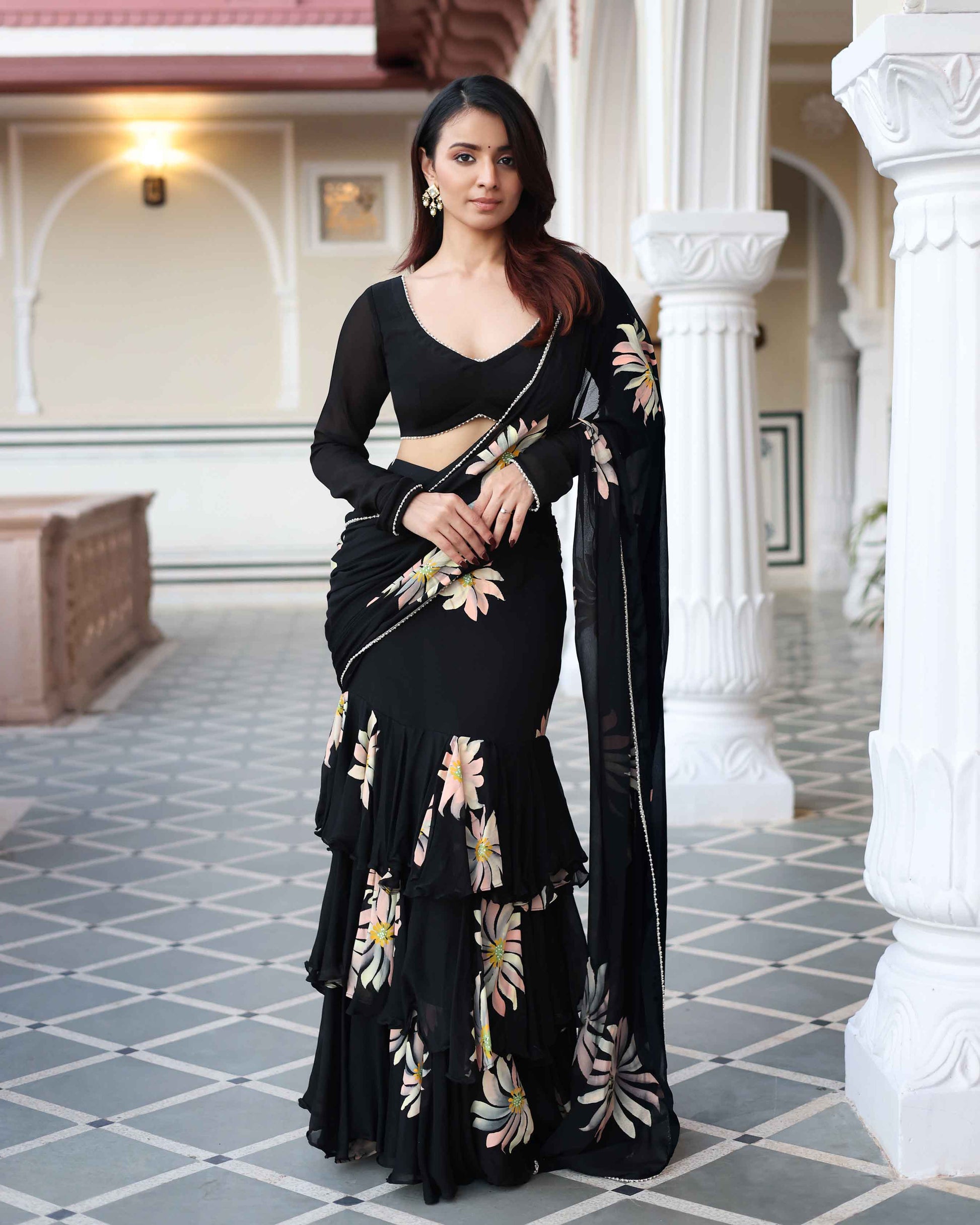 Kiyana Black Handpainted Chinon Pre Draped Saree Quick Cart