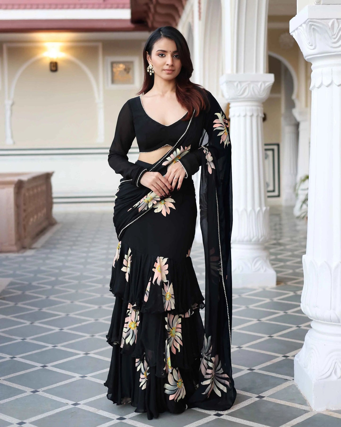 Kiyana Black Handpainted Chinon Pre Draped Saree My Store