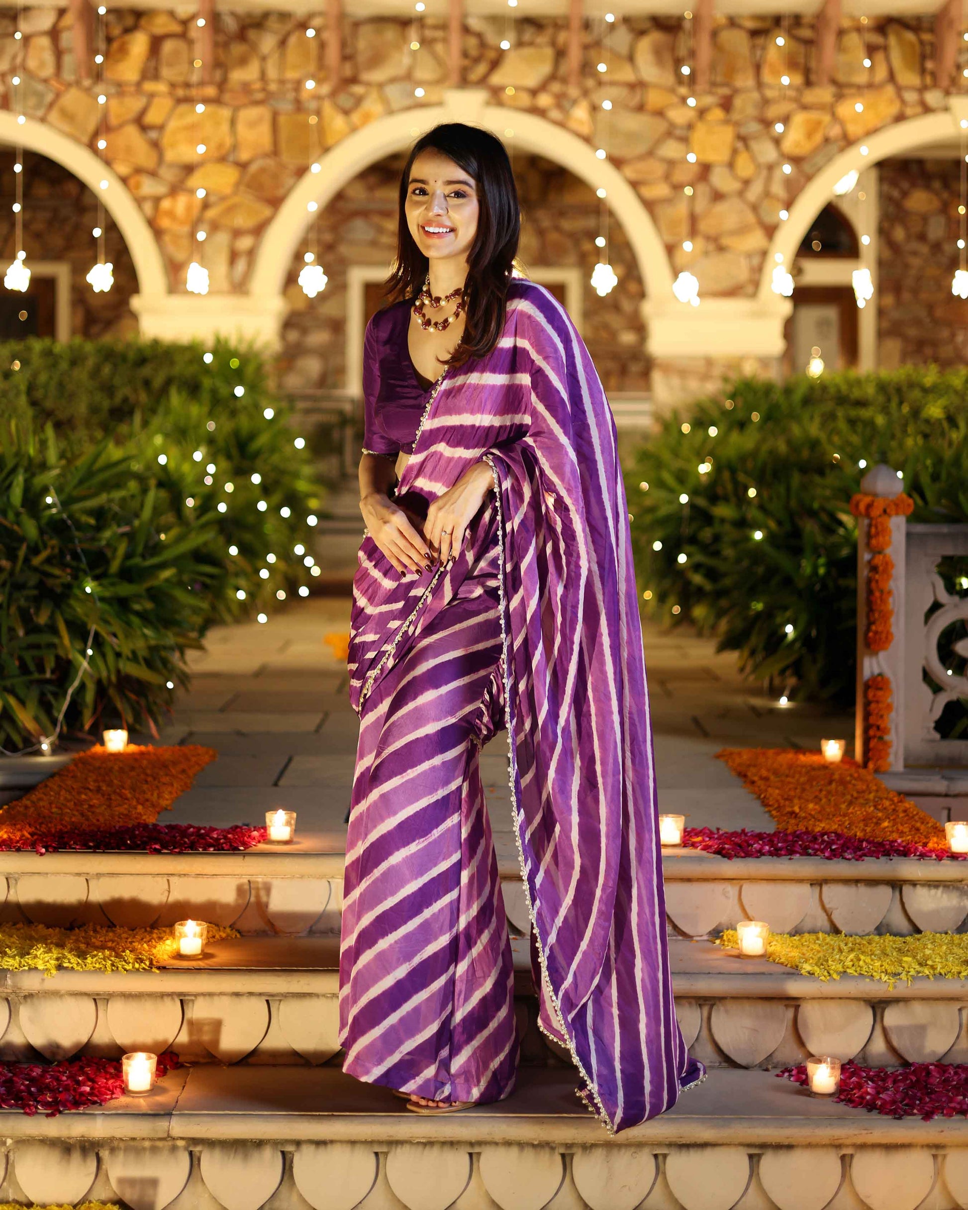 Kimaya Purple Leheriya Silk Pre Draped Saree My Store