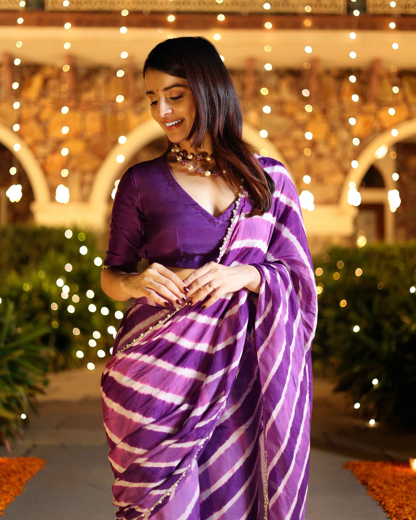 Kimaya Purple Leheriya Silk Pre Draped Saree Quick Cart