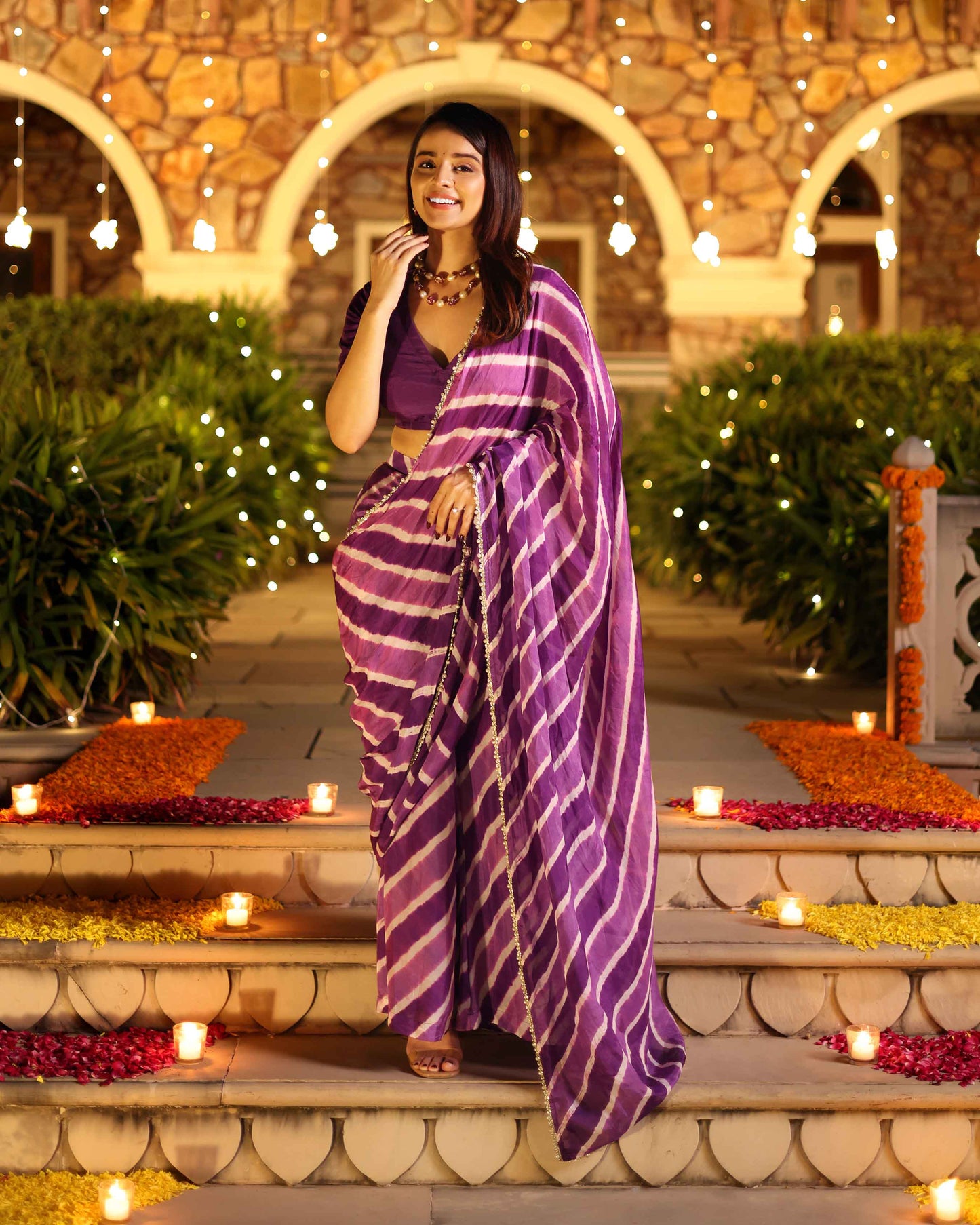 Kimaya Purple Leheriya Silk Pre Draped Saree Quick Cart