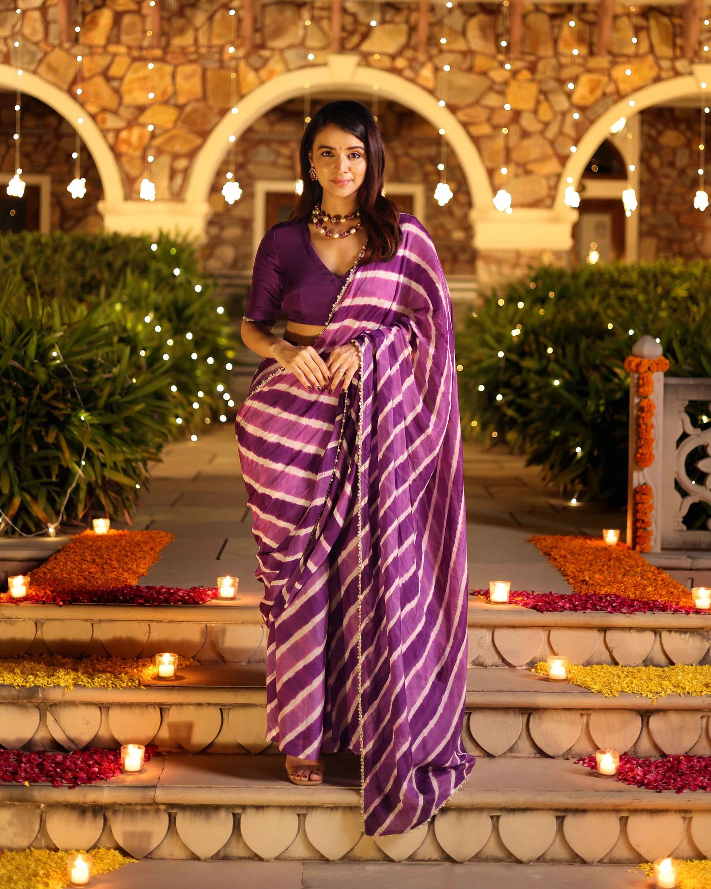 Kimaya Purple Leheriya Silk Pre Draped Saree My Store