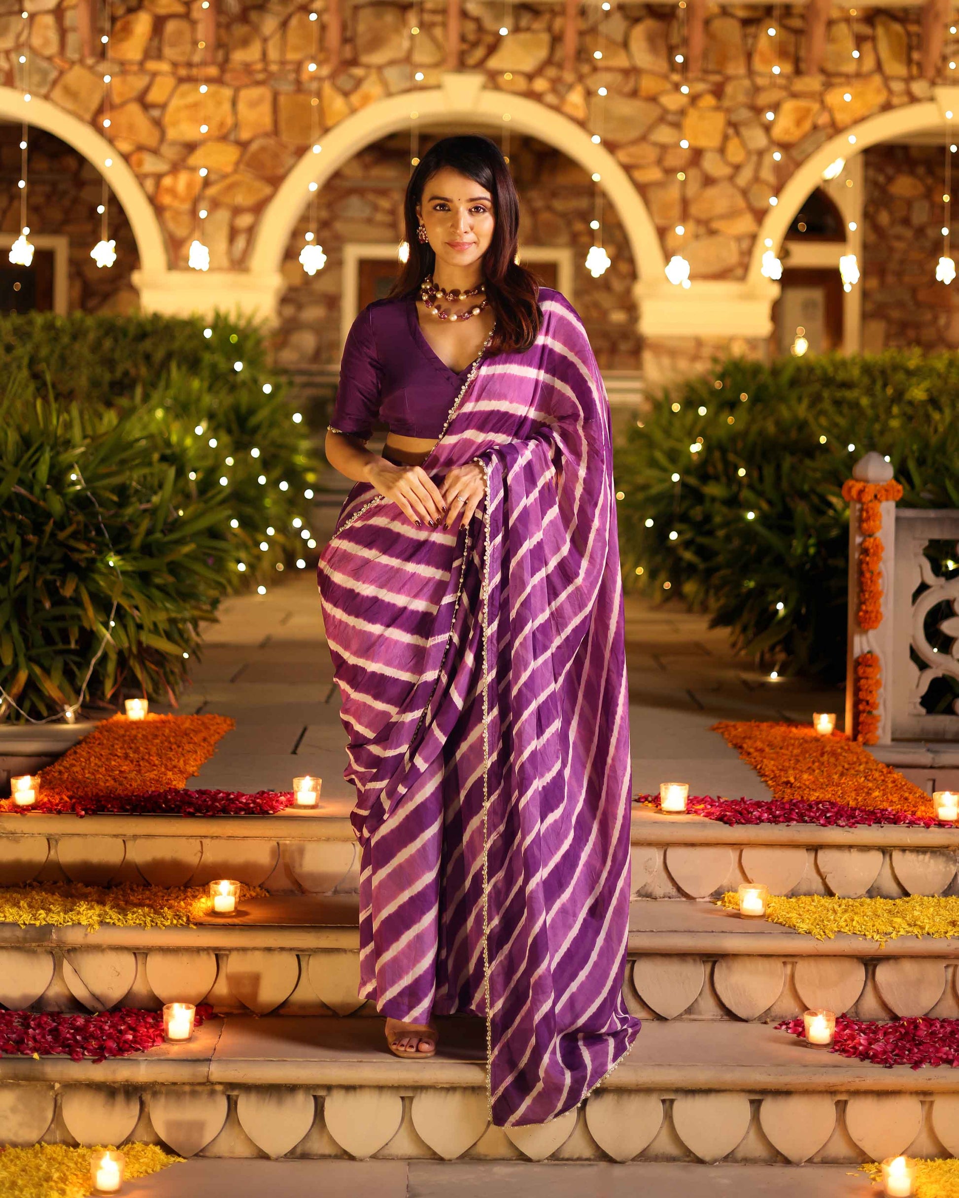 Kimaya Purple Leheriya Silk Pre Draped Saree Quick Cart
