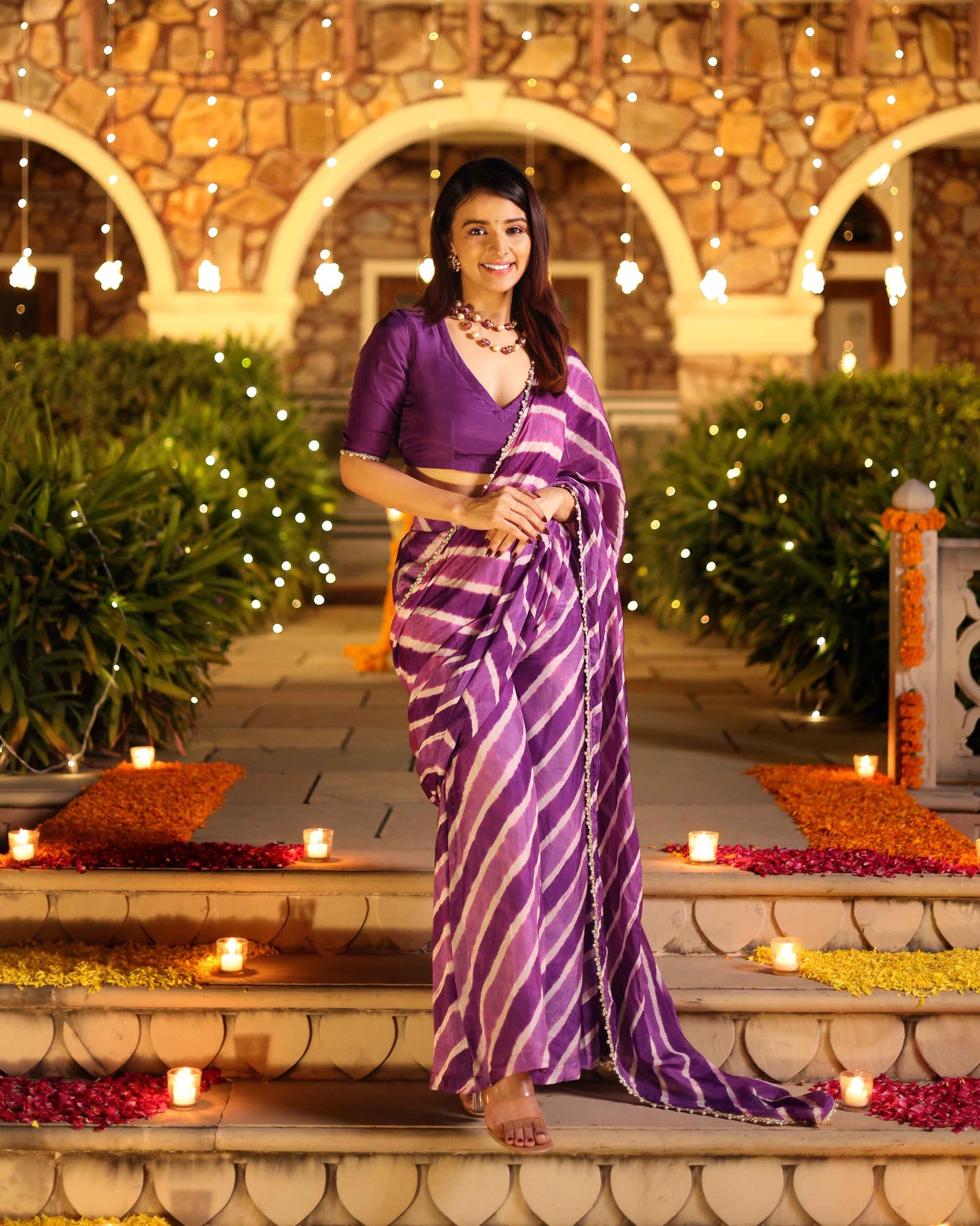 Kimaya Purple Leheriya Silk Pre Draped Saree My Store