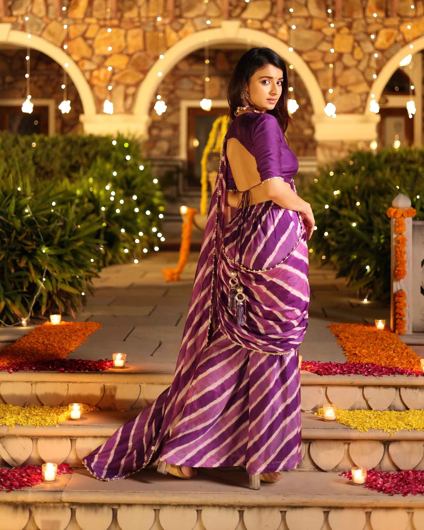 Kimaya Purple Leheriya Silk Pre Draped Saree My Store