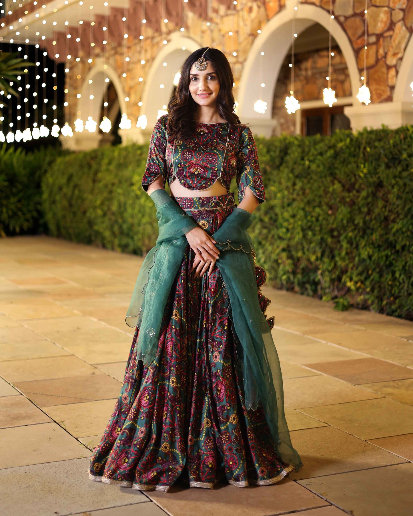 Elegance In Bloom Green Printed Silk Lehenga Set Quick Cart
