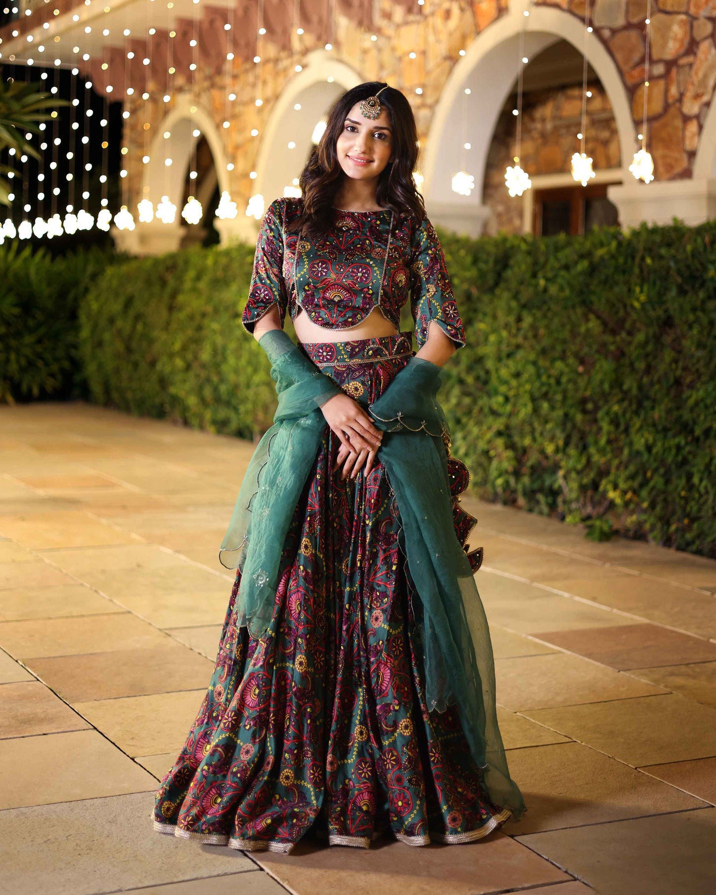Elegance In Bloom Green Printed Silk Lehenga Set My Store