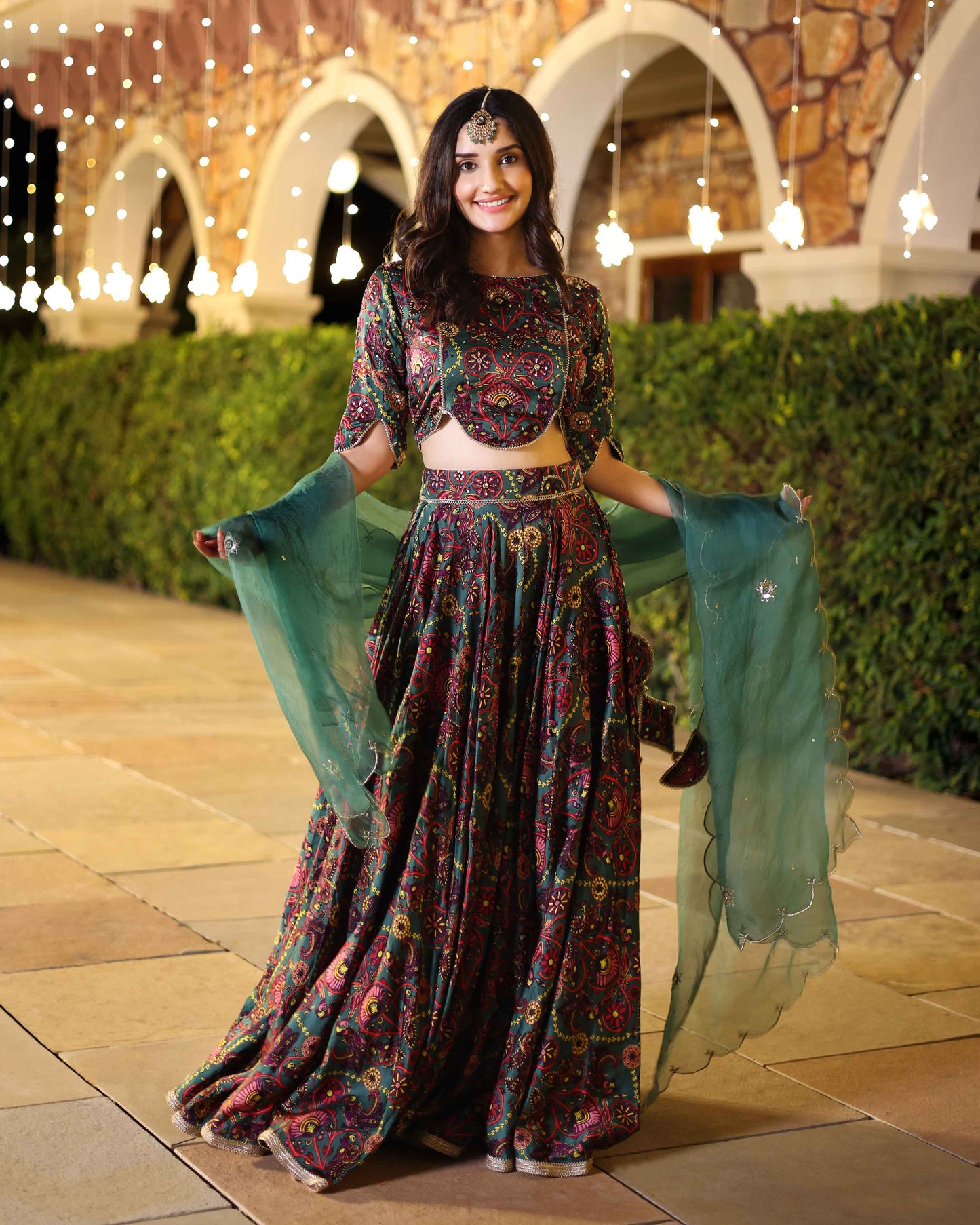 Elegance In Bloom Green Printed Silk Lehenga Set Quick Cart
