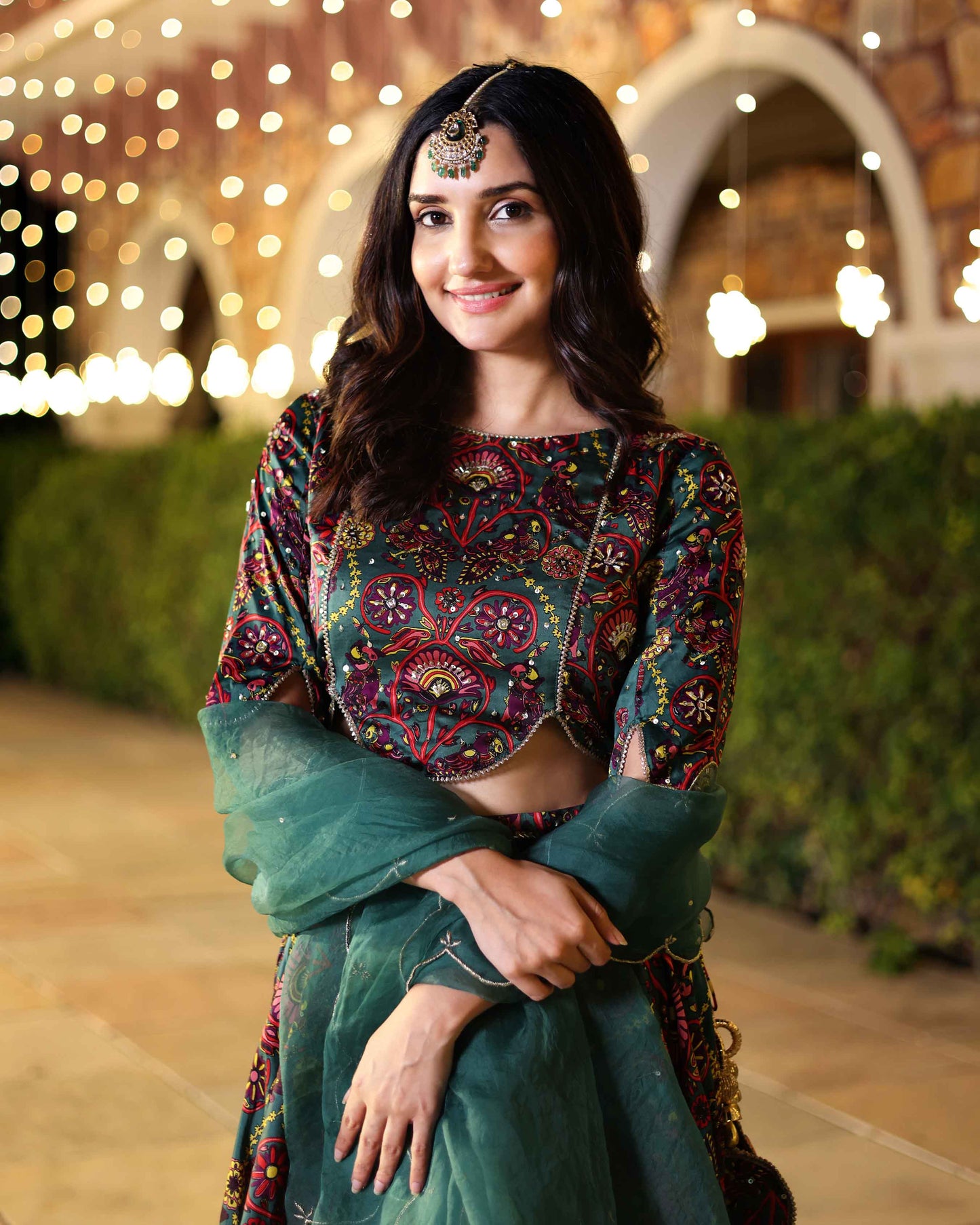 Elegance In Bloom Green Printed Silk Lehenga Set My Store