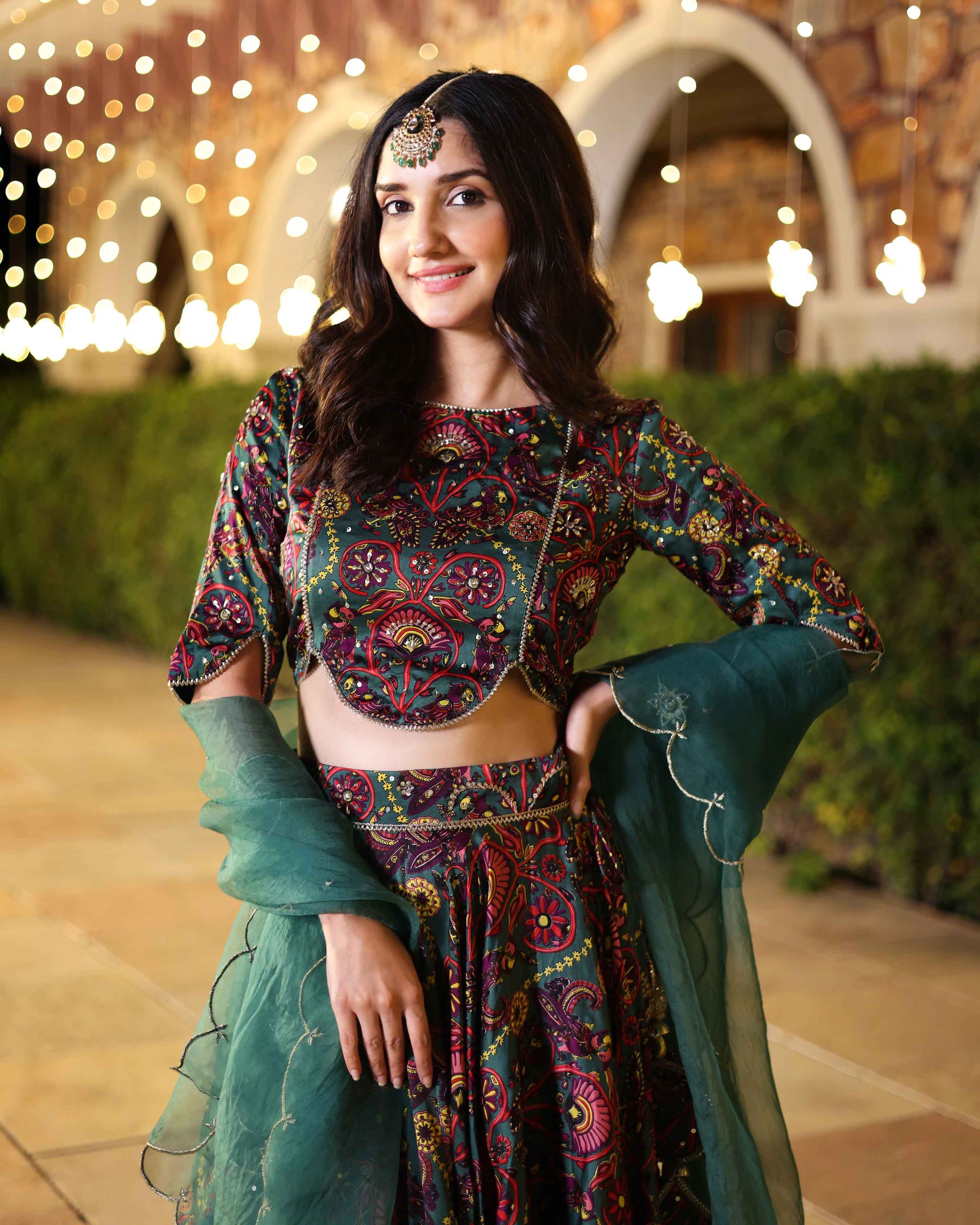 Elegance In Bloom Green Printed Silk Lehenga Set My Store