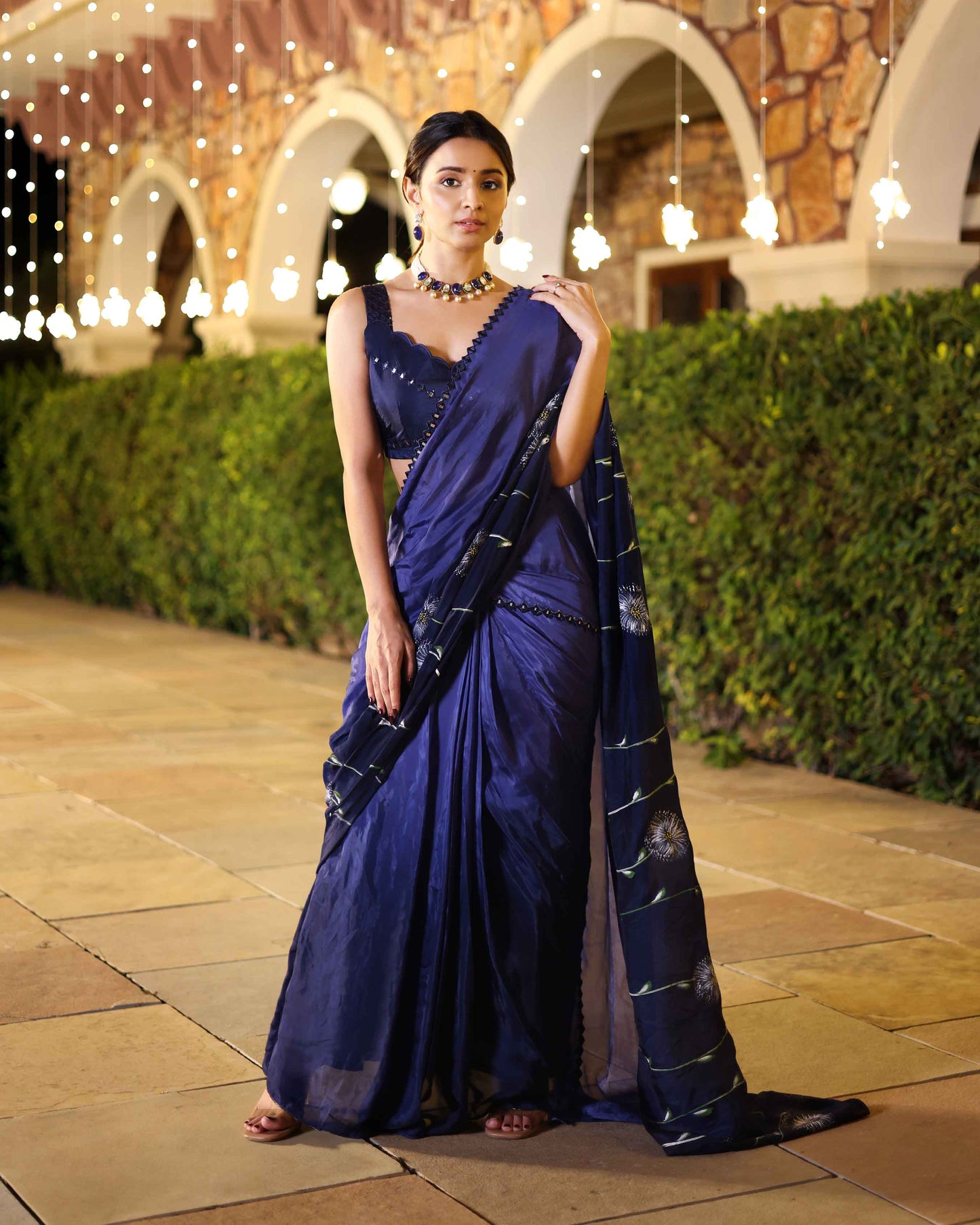 Swish Blue Ombre Mirror Work Handpainted Silk Pre Draped Saree Quick Cart