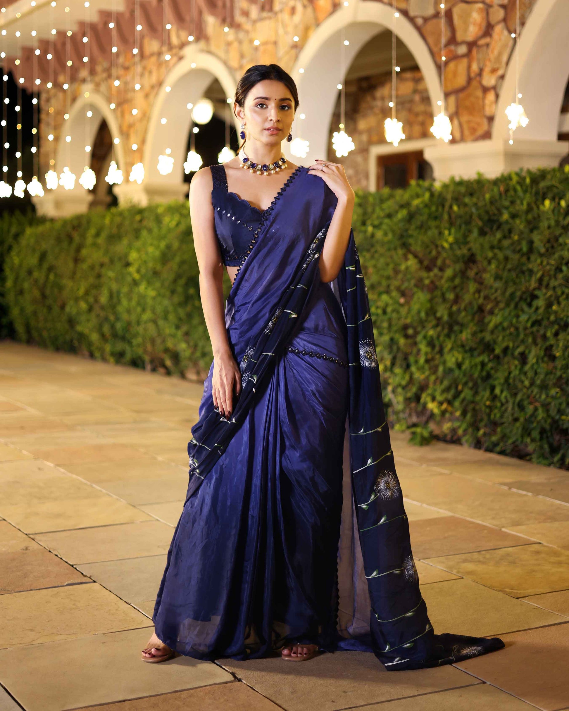Swish Blue Ombre Mirror Work Handpainted Silk Pre Draped Saree Quick Cart