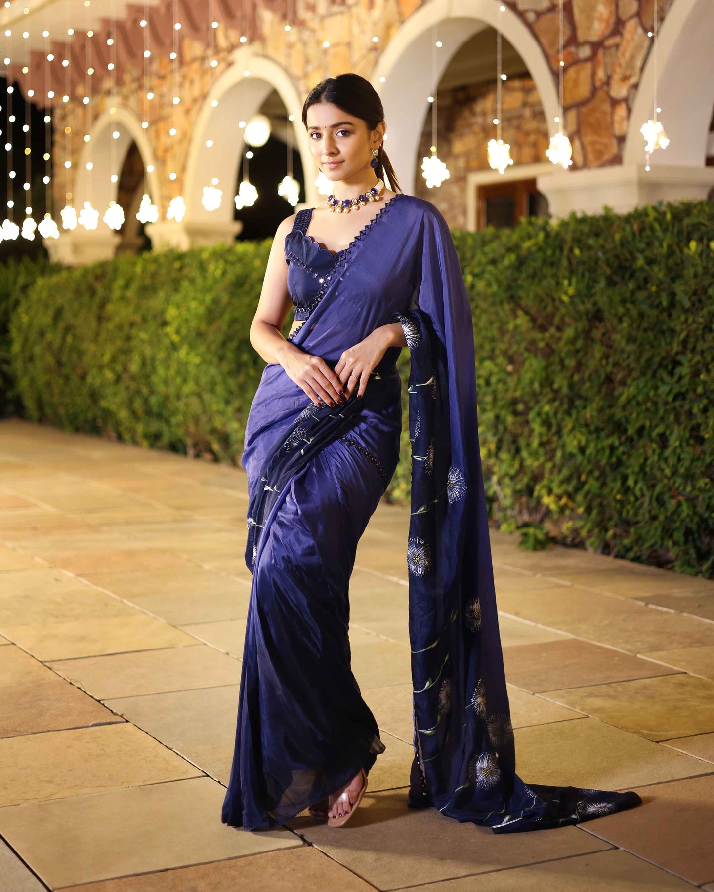 Swish Blue Ombre Mirror Work Handpainted Silk Pre Draped Saree My Store