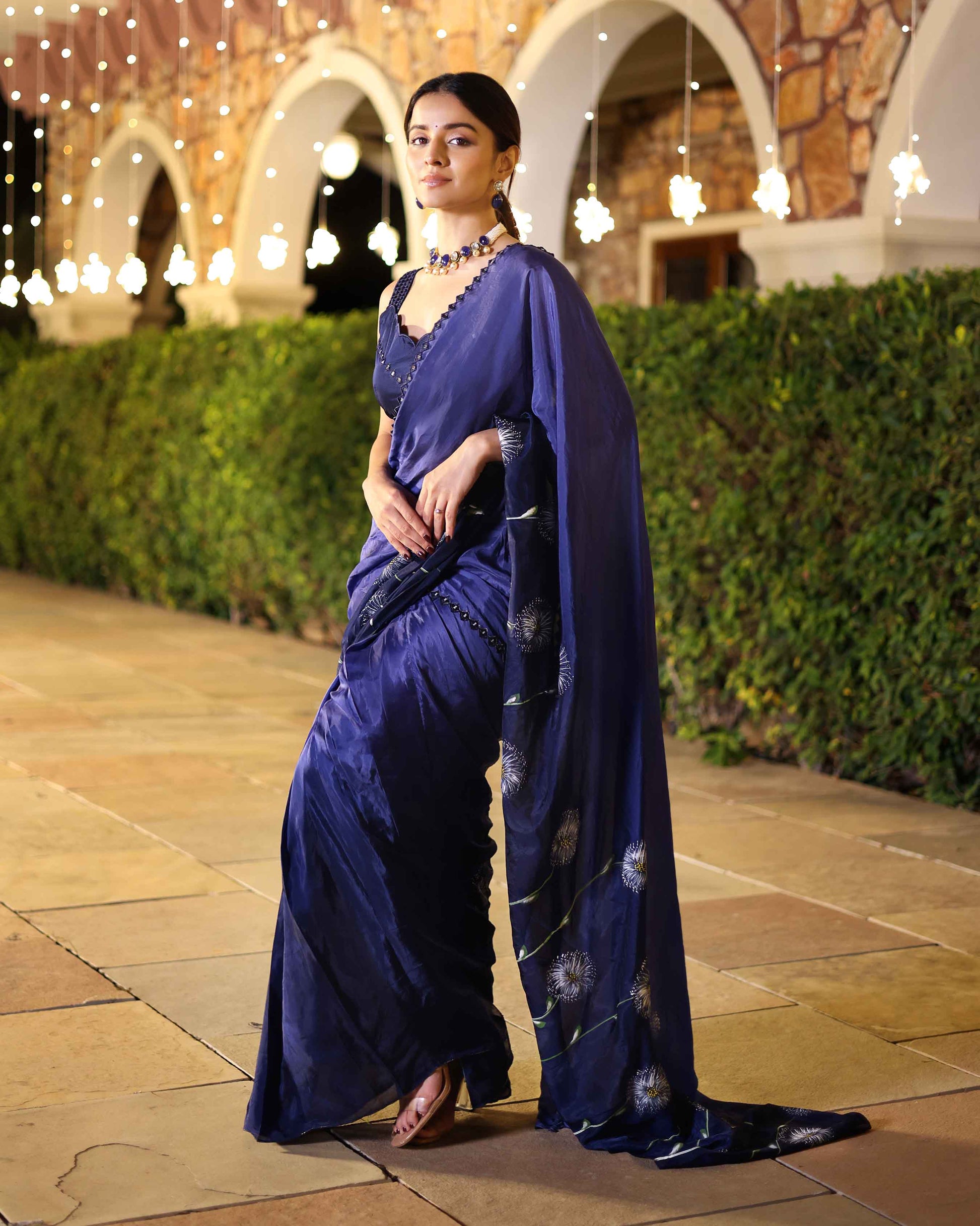 Swish Blue Ombre Mirror Work Handpainted Silk Pre Draped Saree Quick Cart