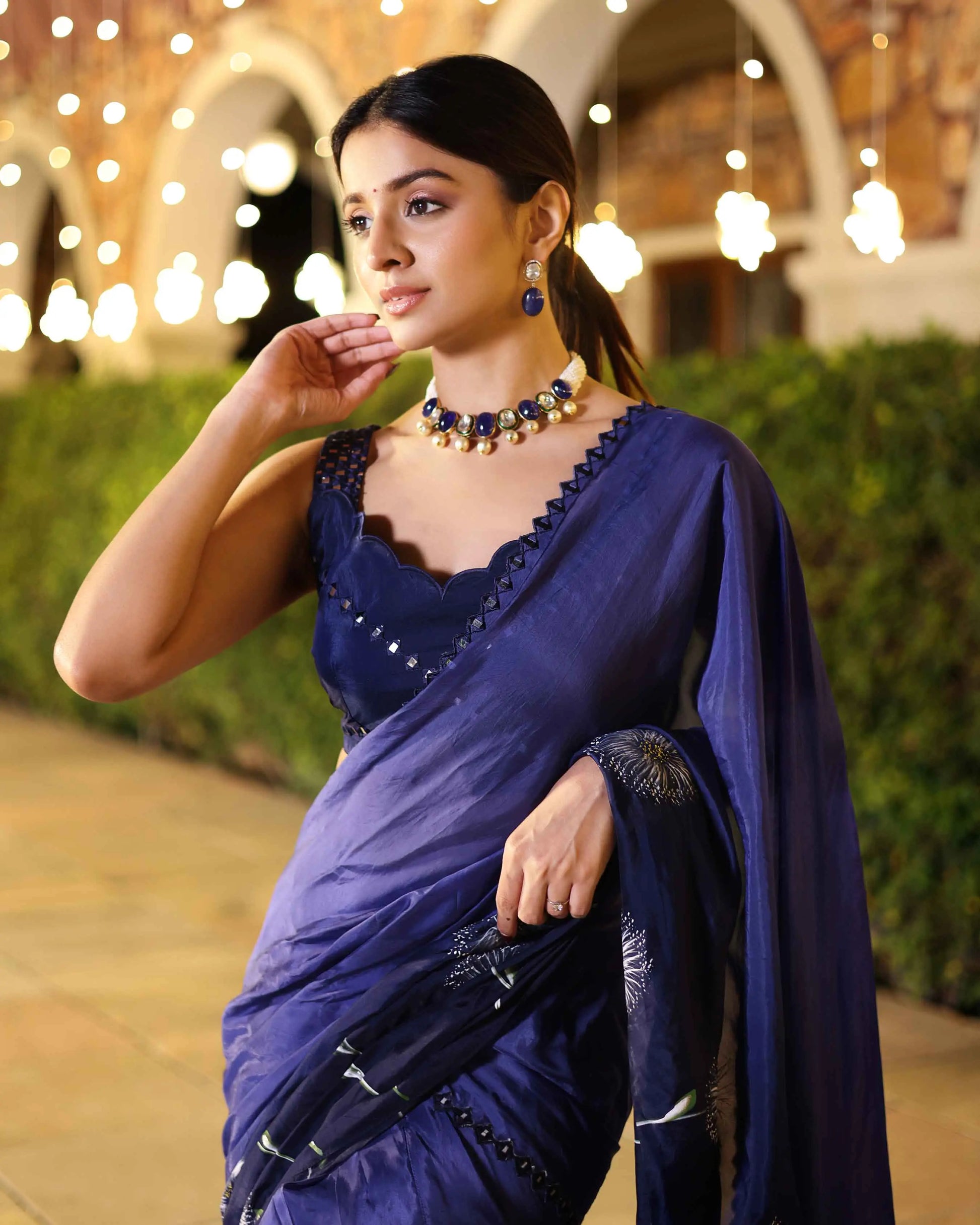 Swish Blue Ombre Mirror Work Handpainted Silk Pre Draped Saree My Store