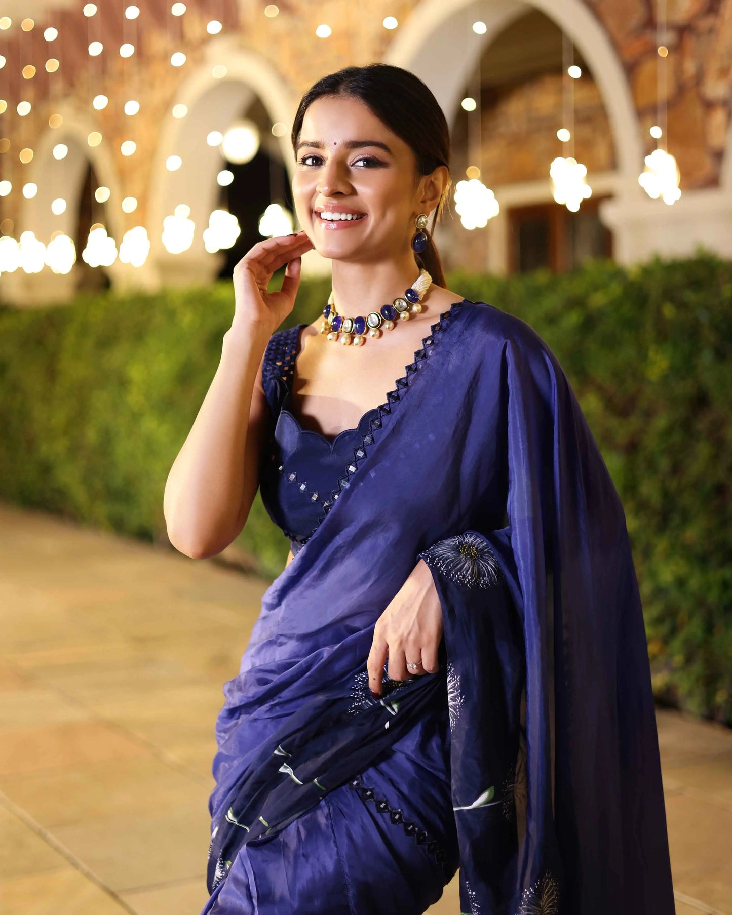 Swish Blue Ombre Mirror Work Handpainted Silk Pre Draped Saree My Store