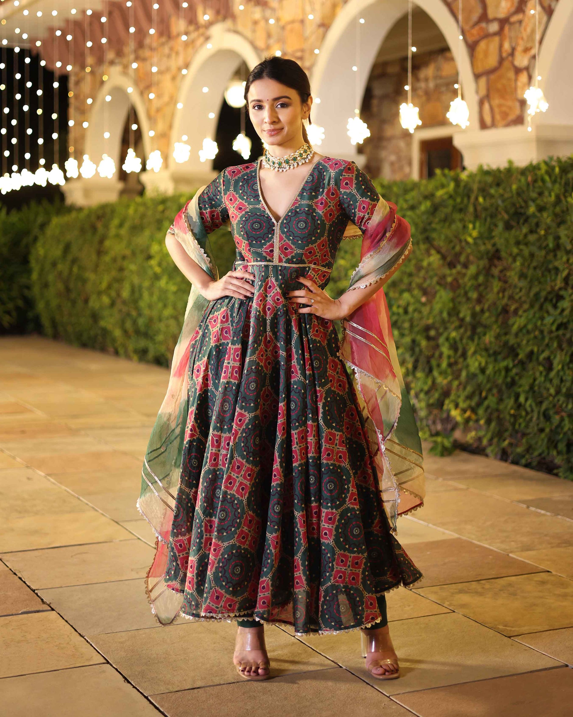 Green Enigma Delight Printed Chanderi Suit Set Quick Cart