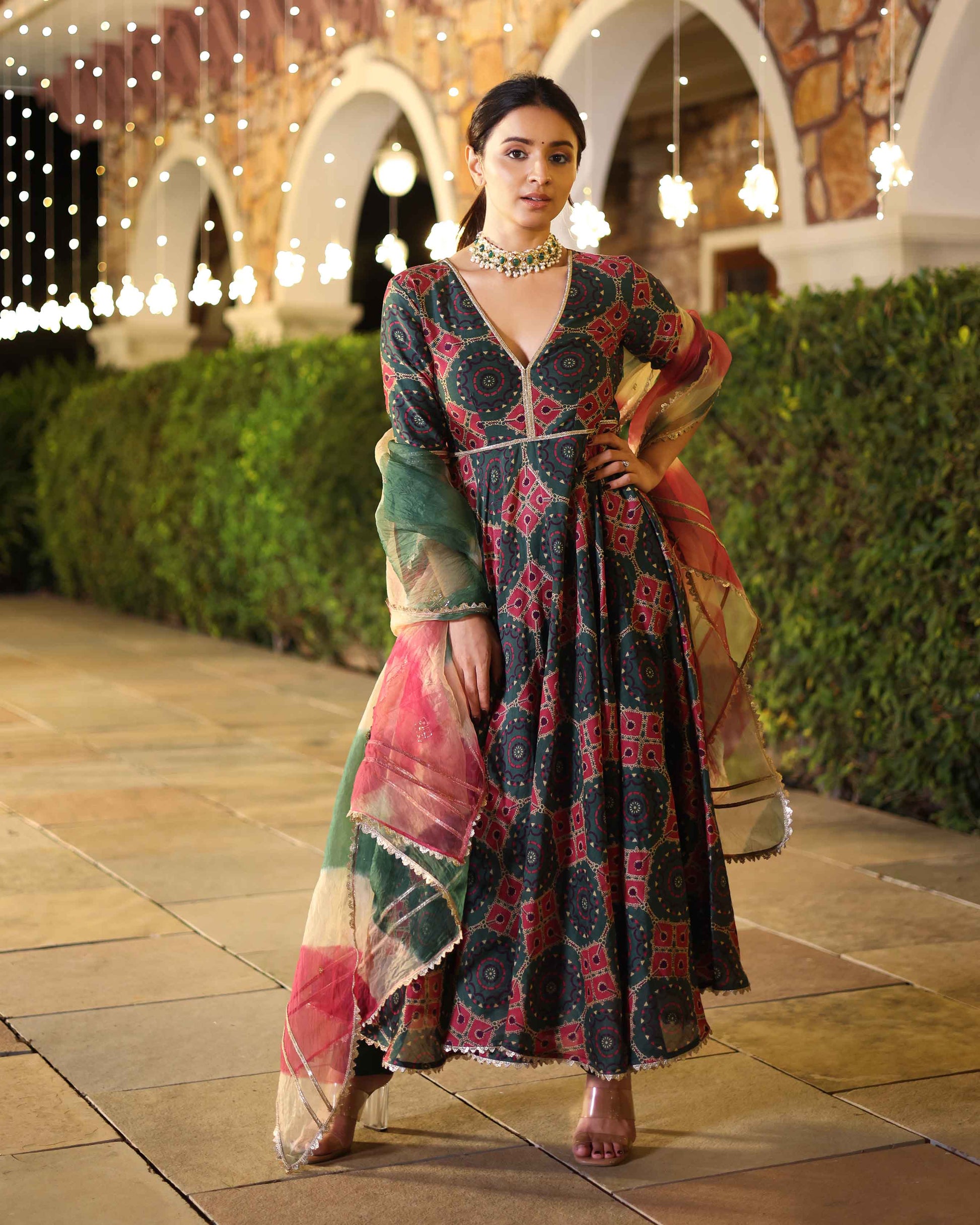 Green Enigma Delight Printed Chanderi Suit Set Quick Cart