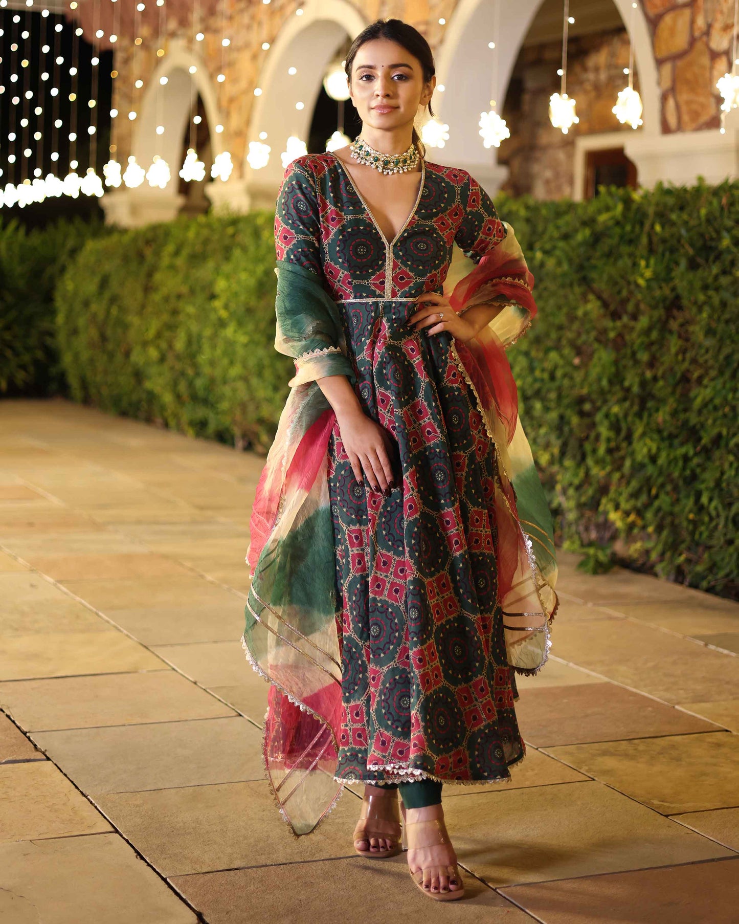 Green Enigma Delight Printed Chanderi Suit Set My Store