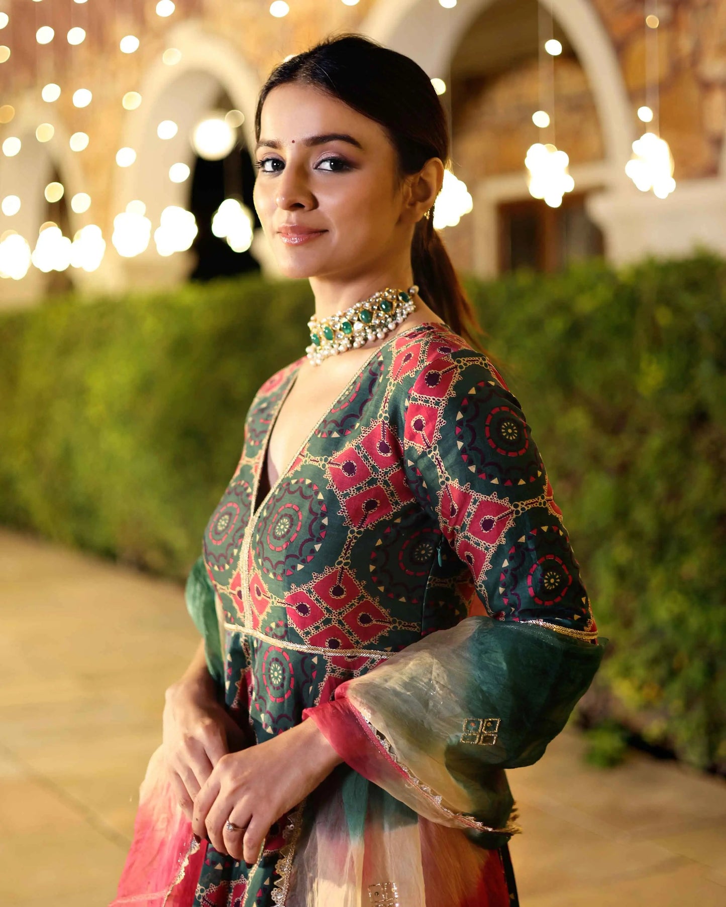 Green Enigma Delight Printed Chanderi Suit Set My Store