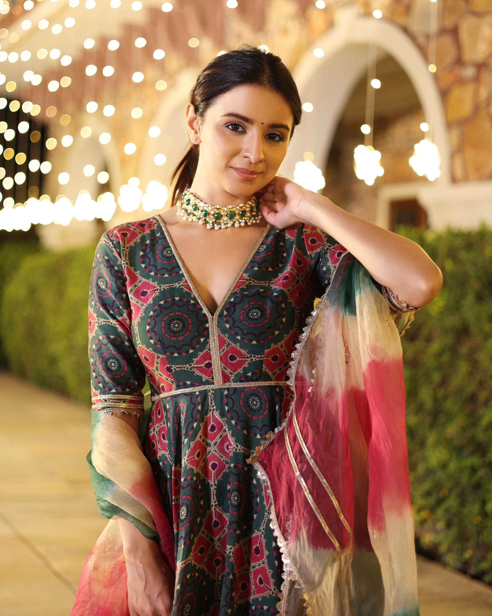 Green Enigma Delight Printed Chanderi Suit Set My Store