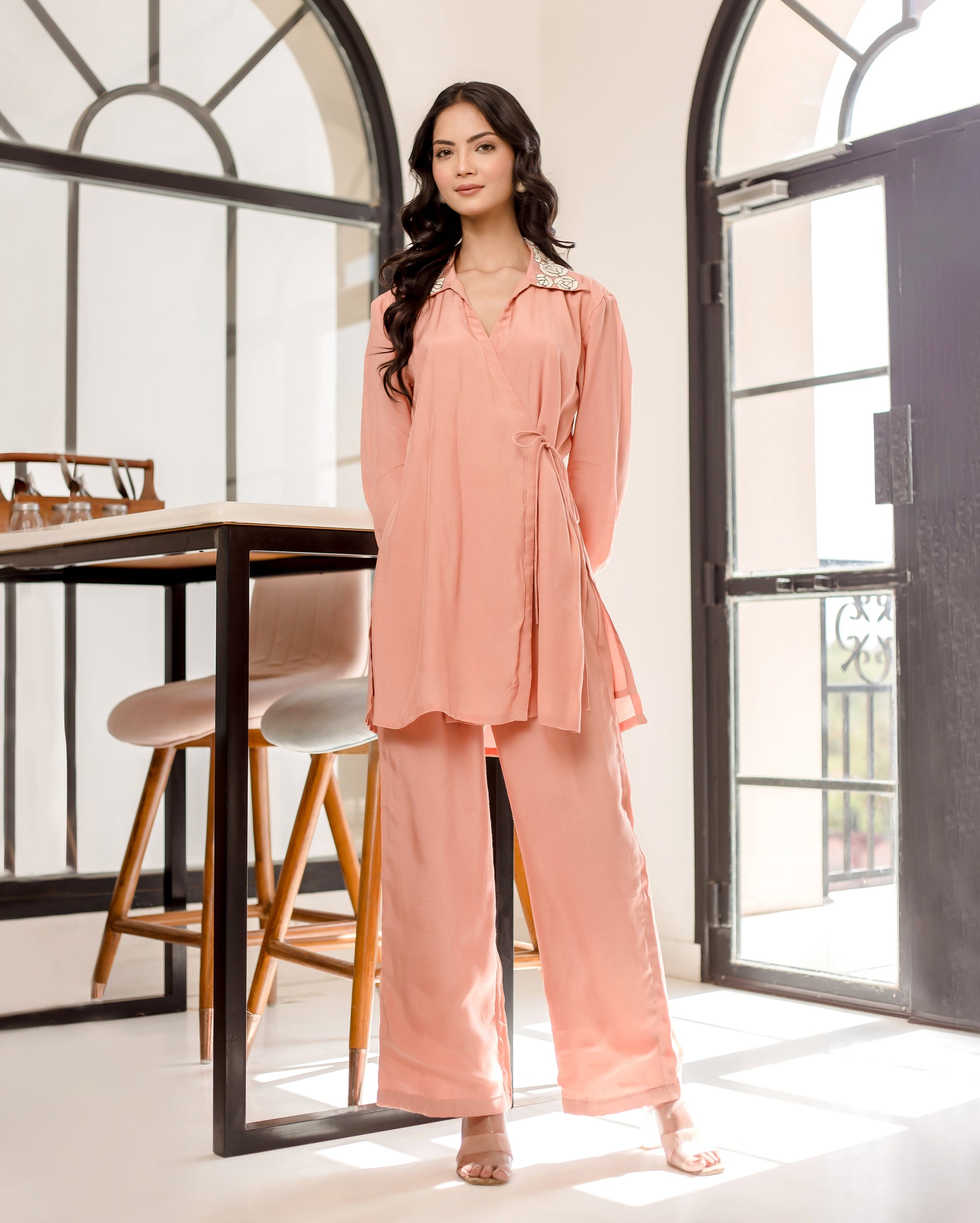 Cherry Blossom Peach Solid Muslin Silk Coord Set Quick Cart