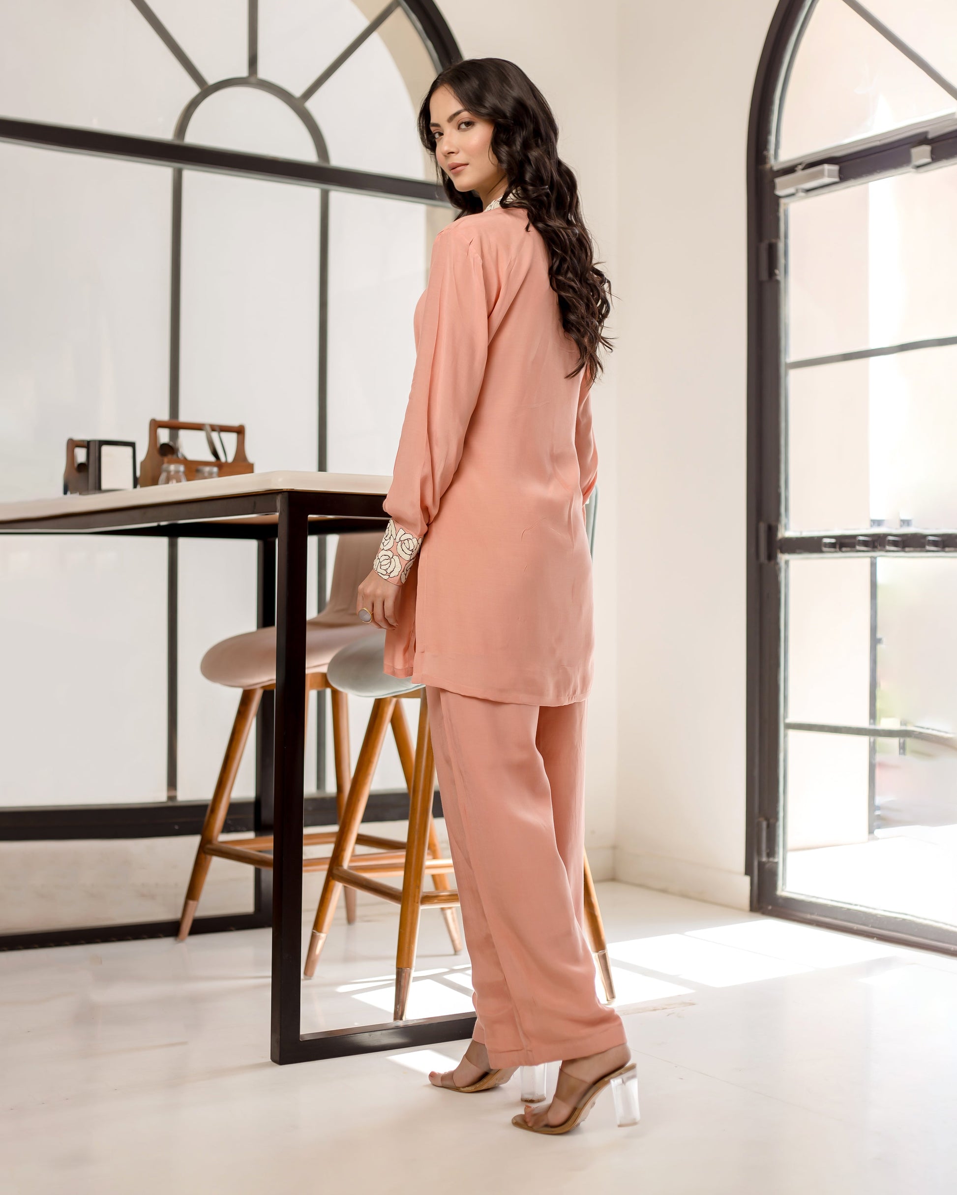 Cherry Blossom Peach Solid Muslin Silk Coord Set Quick Cart