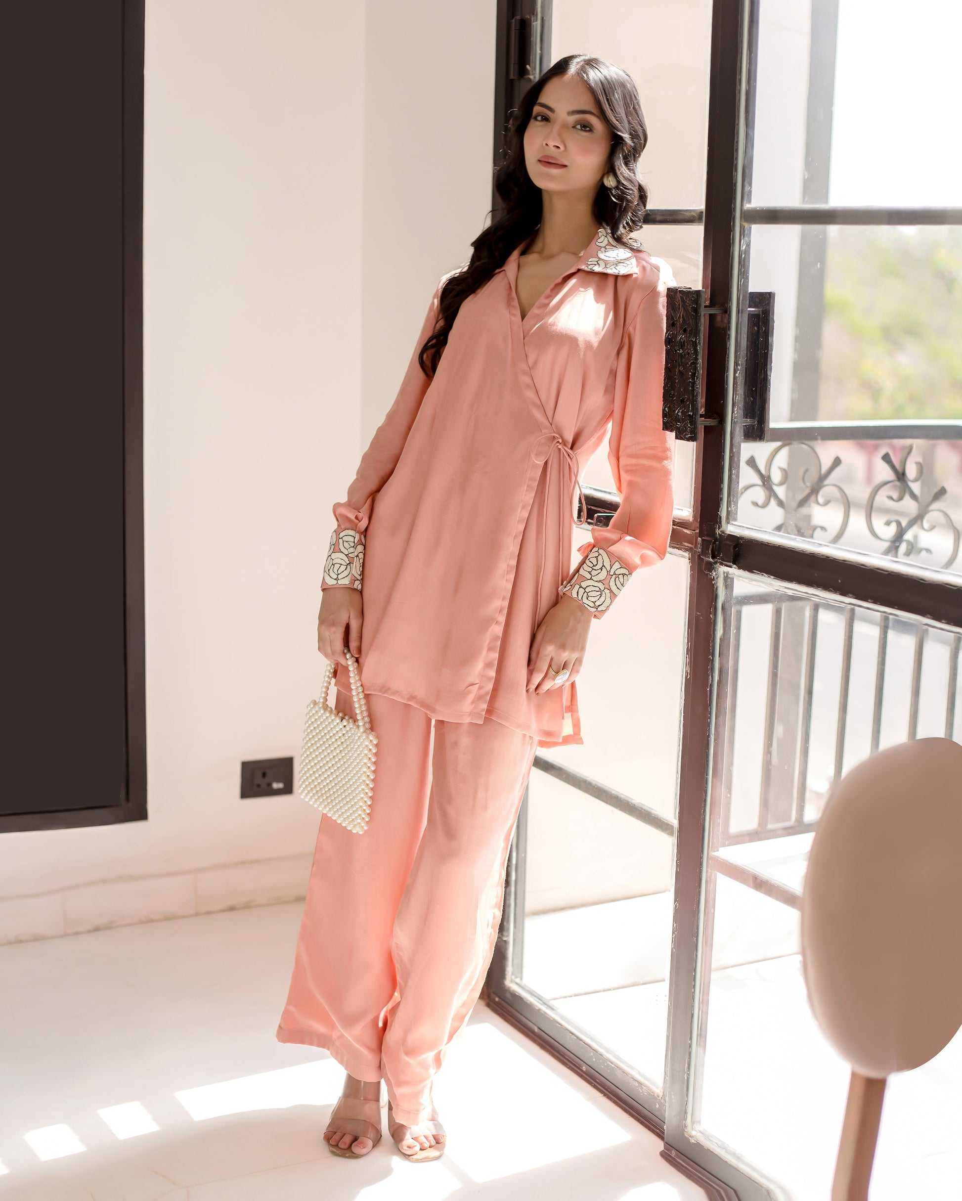 Cherry Blossom Peach Solid Muslin Silk Coord Set Quick Cart