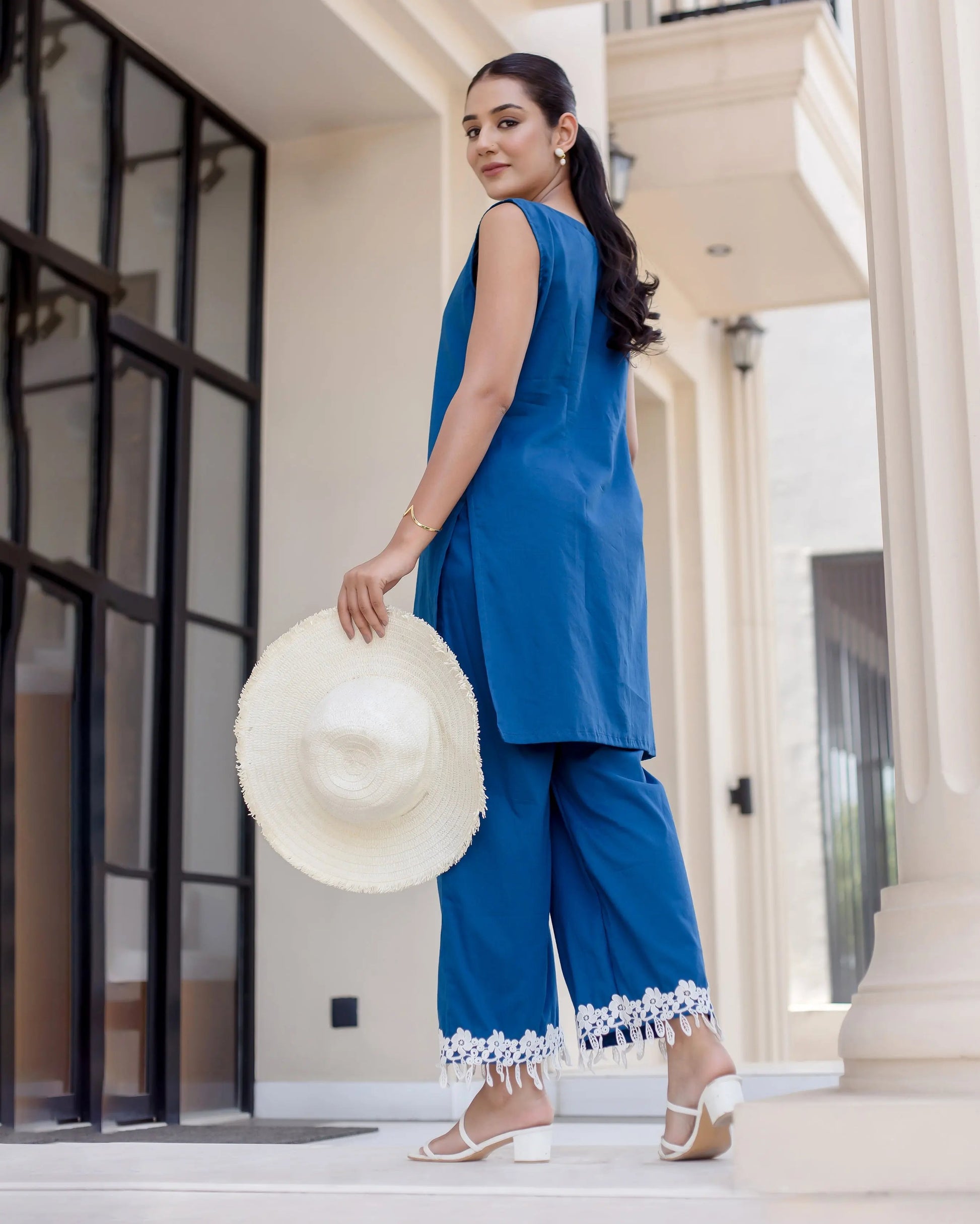 Cyan Blue Solid Cotton Coord Set My Store