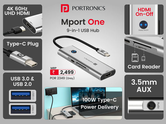 Portronics Mport One USB C Hub (9-in-1) with 4K 60Hz HDMI, 3-Port USB, HDMI On-Off Button, 100W Type-C Charging, Card Reader, 3.5mm AUX, Type C Plug for Laptop, Mac, PC