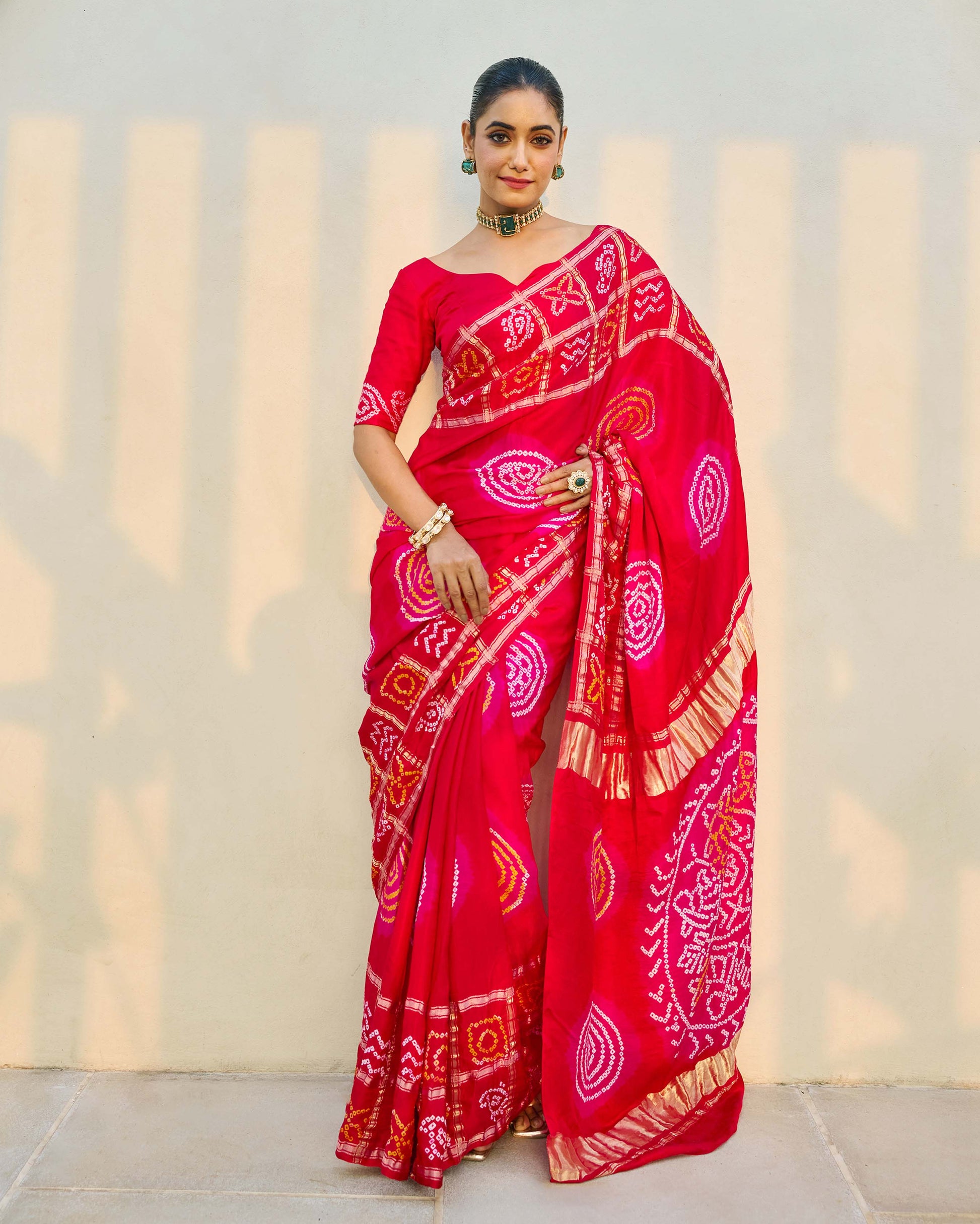 Moonlit Harmony Red Silk Bandhani Saree Quick Cart