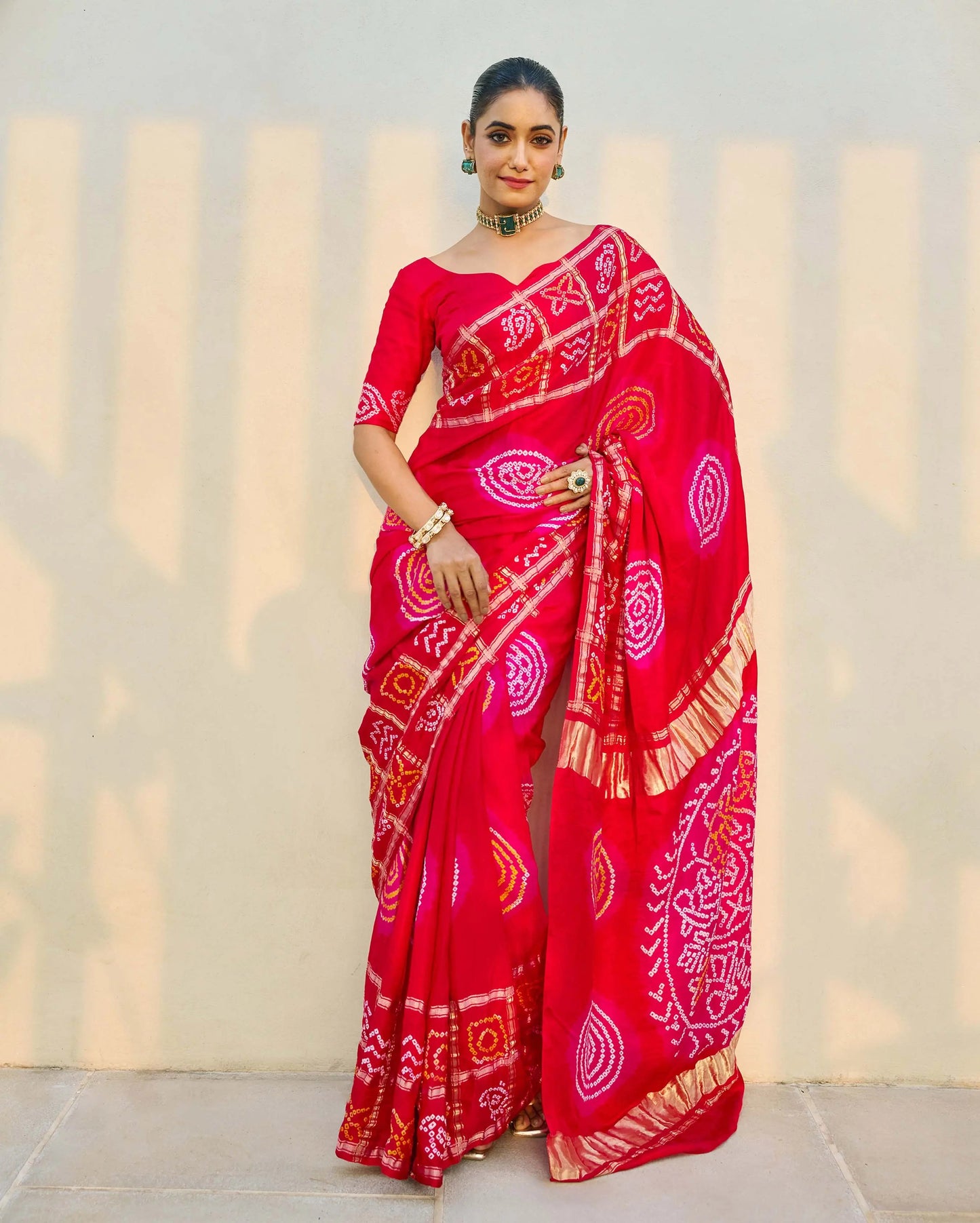 Moonlit Harmony Red Silk Bandhani Saree My Store
