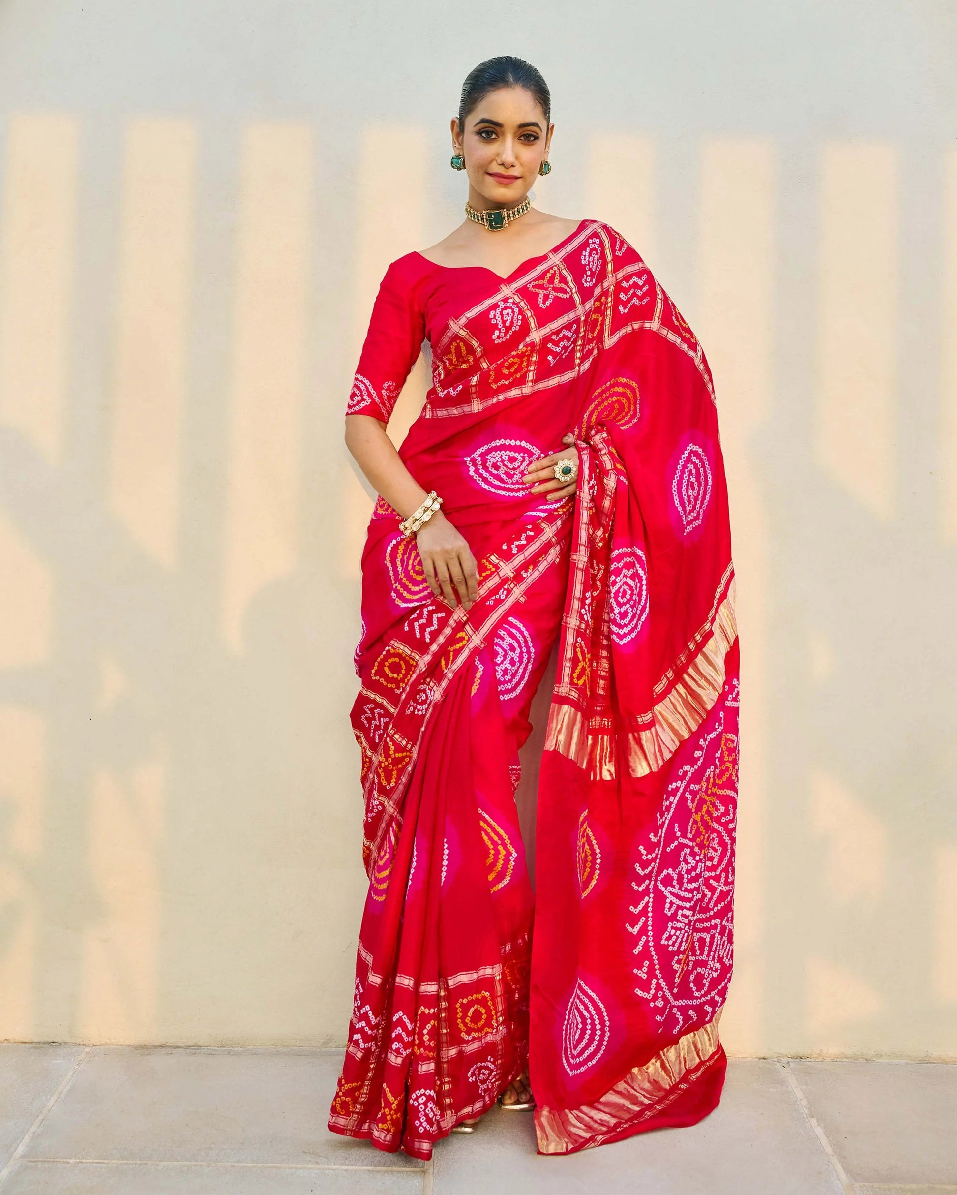 Moonlit Harmony Red Silk Bandhani Saree My Store