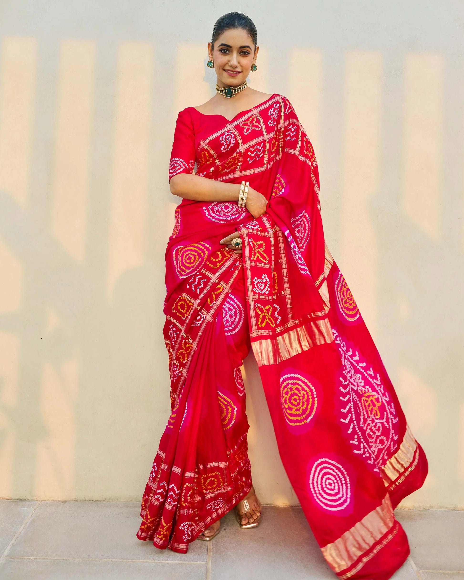 Moonlit Harmony Red Silk Bandhani Saree My Store
