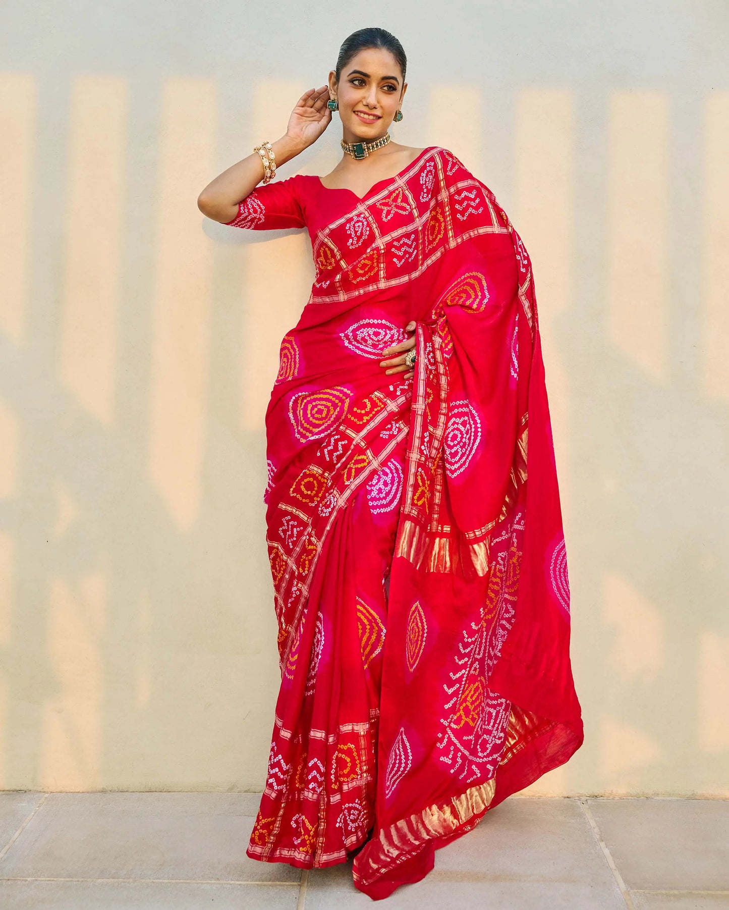 Moonlit Harmony Red Silk Bandhani Saree My Store