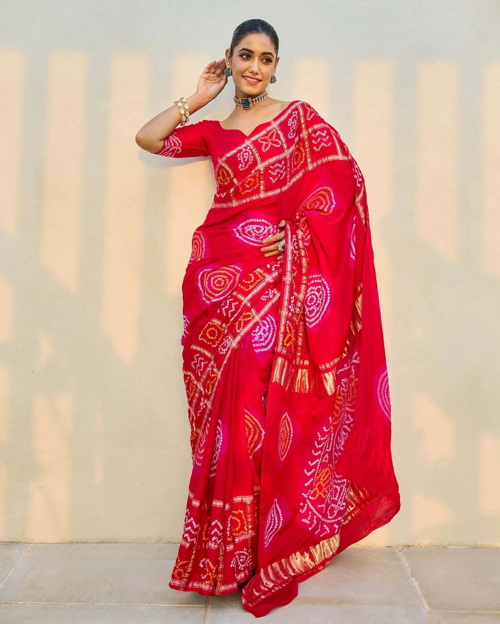 Moonlit Harmony Red Silk Bandhani Saree My Store