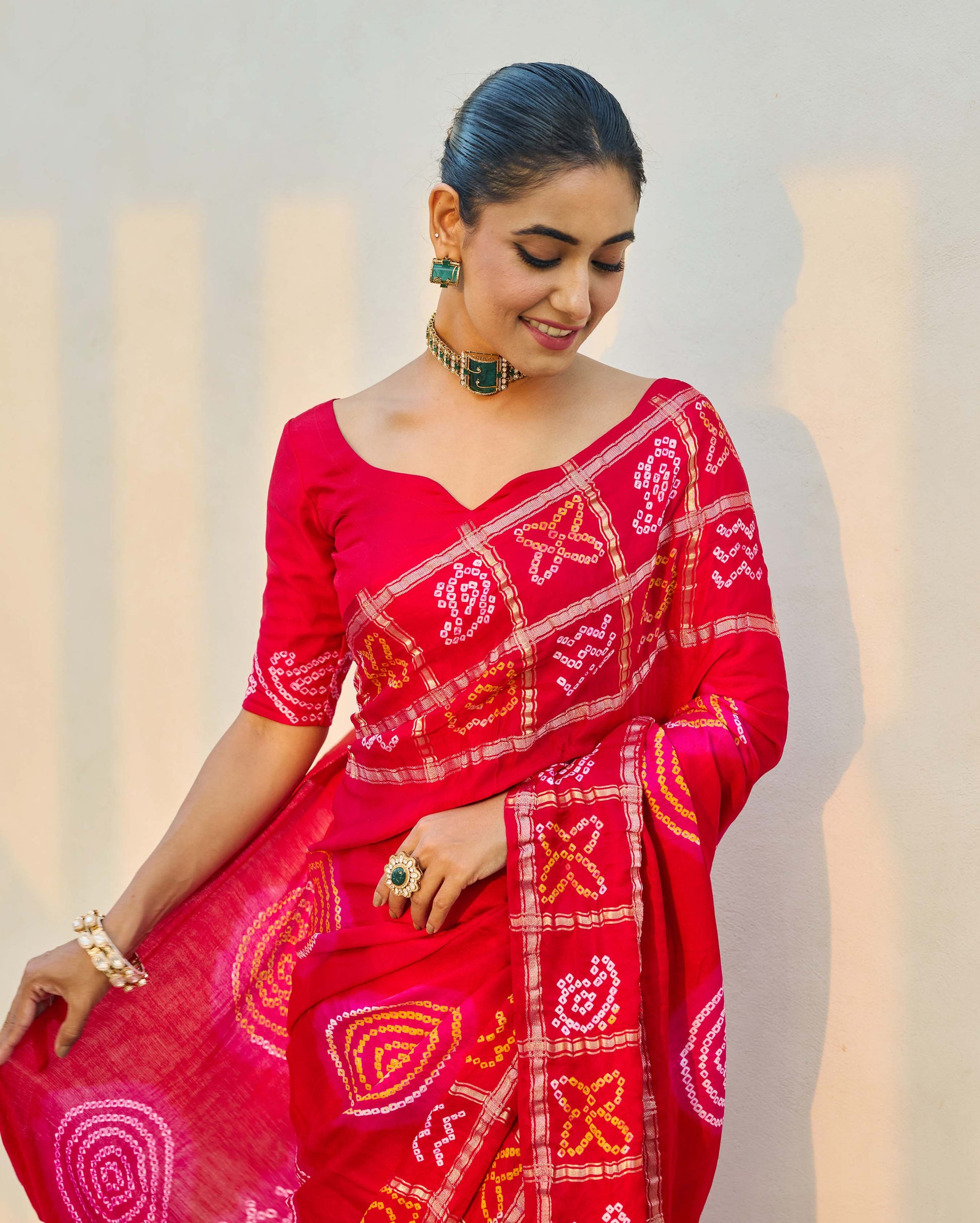 Moonlit Harmony Red Silk Bandhani Saree Quick Cart