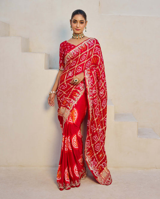 Dazzling Red Silk Bandhani Saree Quick Cart