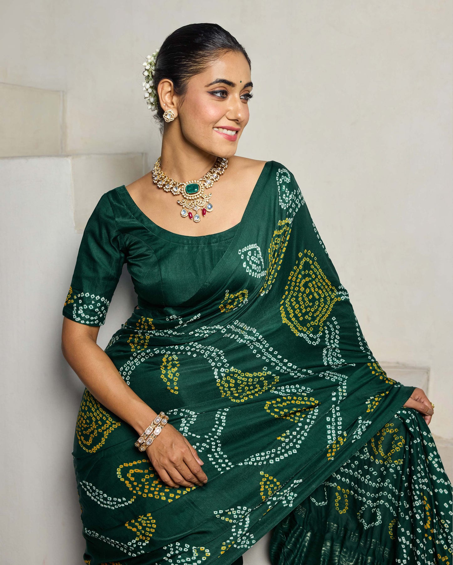 Elegance Bliss Green Silk Bandhani Saree Quick Cart