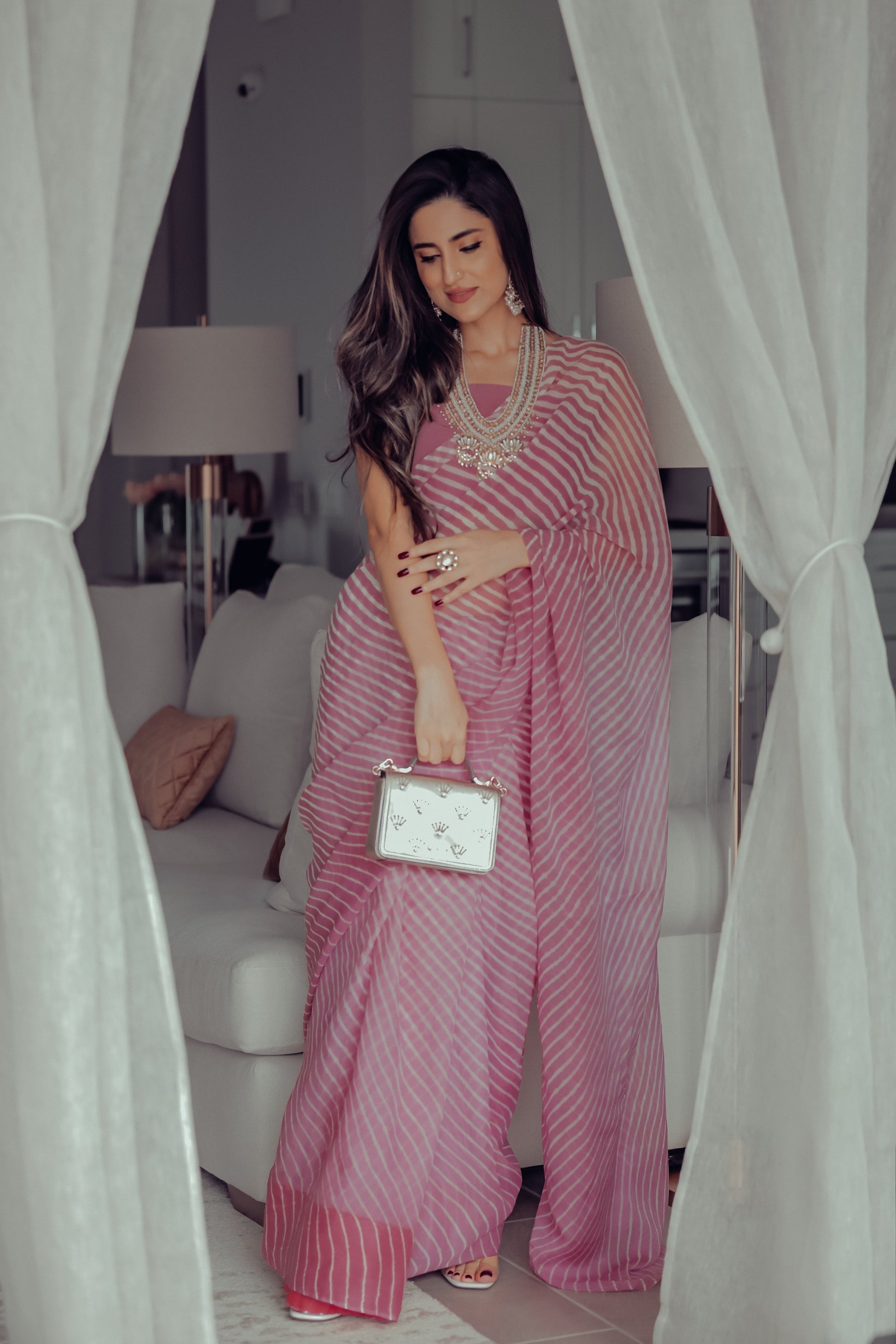 Sophia Dusty Pink Leheriya Pure Chiffon Saree Quick Cart