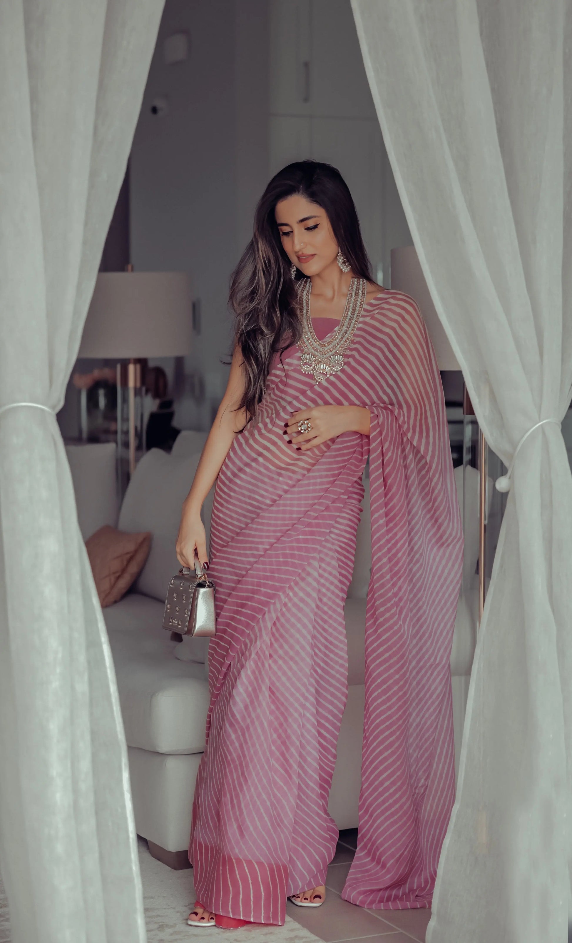 Sophia Dusty Pink Leheriya Pure Chiffon Saree My Store