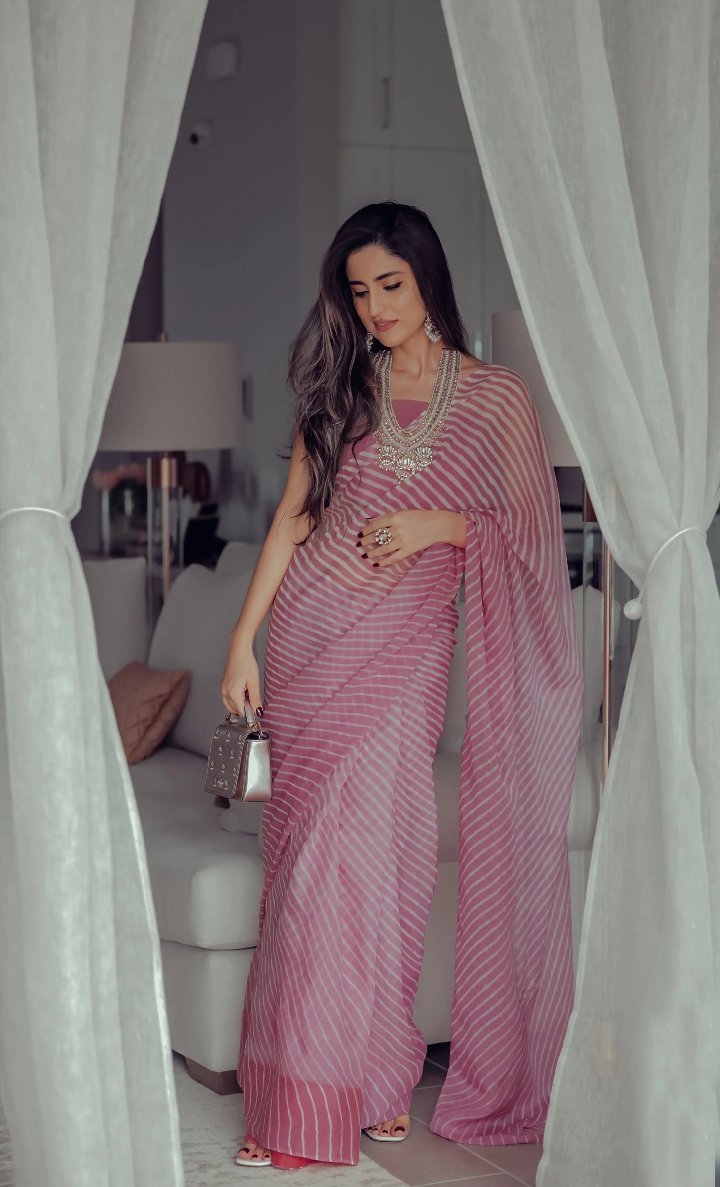 Sophia Dusty Pink Leheriya Pure Chiffon Saree My Store