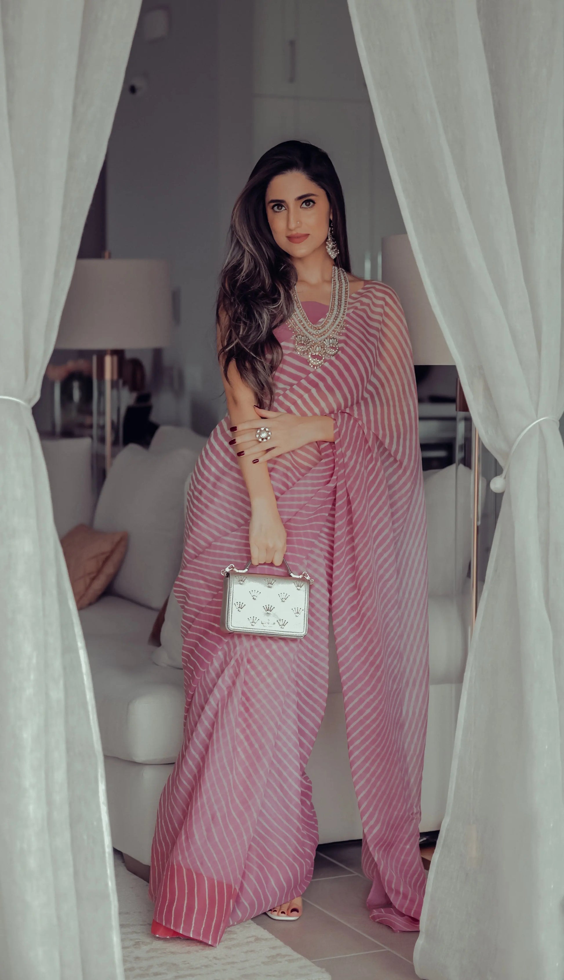 Sophia Dusty Pink Leheriya Pure Chiffon Saree My Store